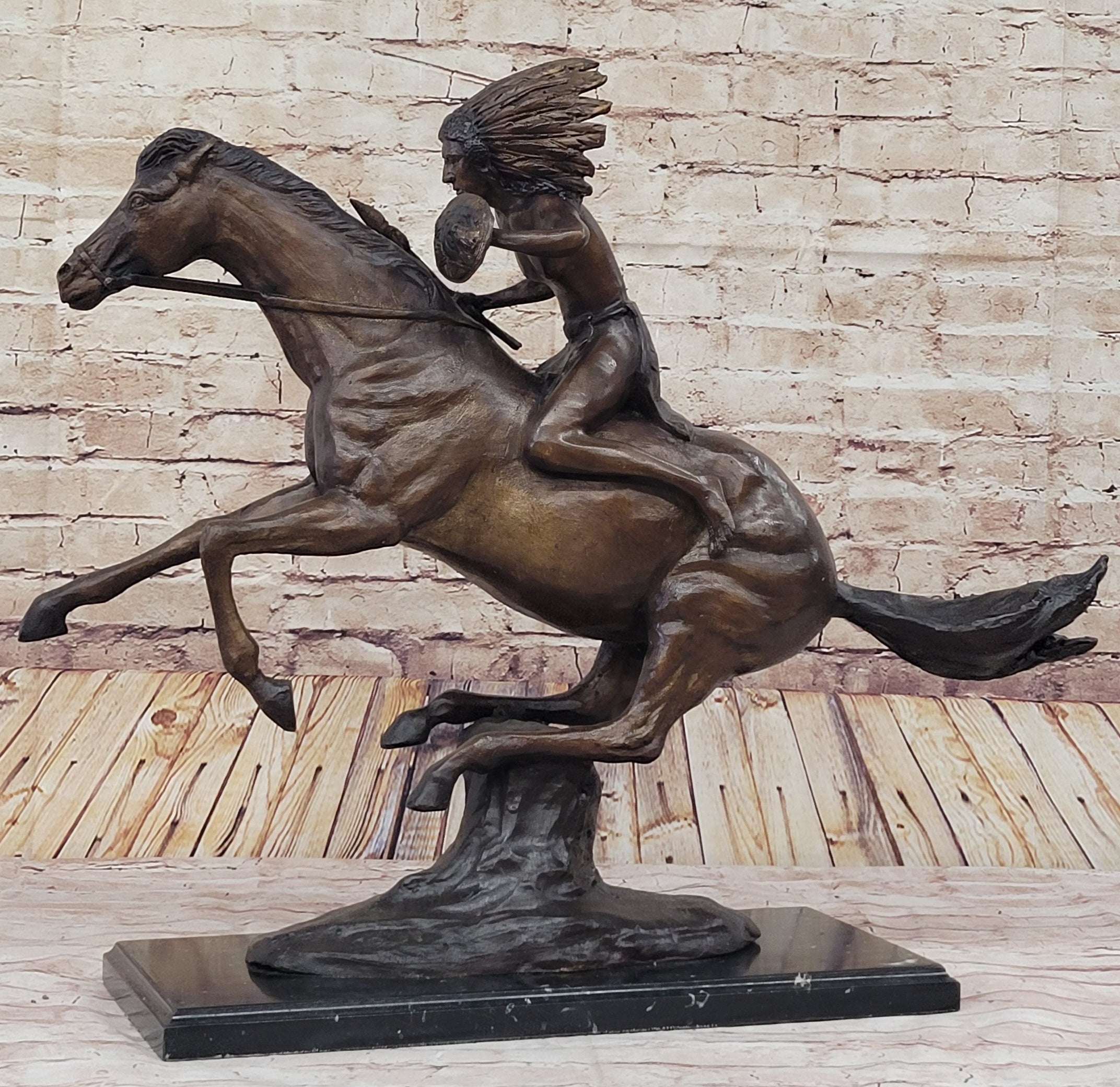 Frederic Remington WARRIOR Bronze Sculpture Statue Native American Headdress 20" x 25"