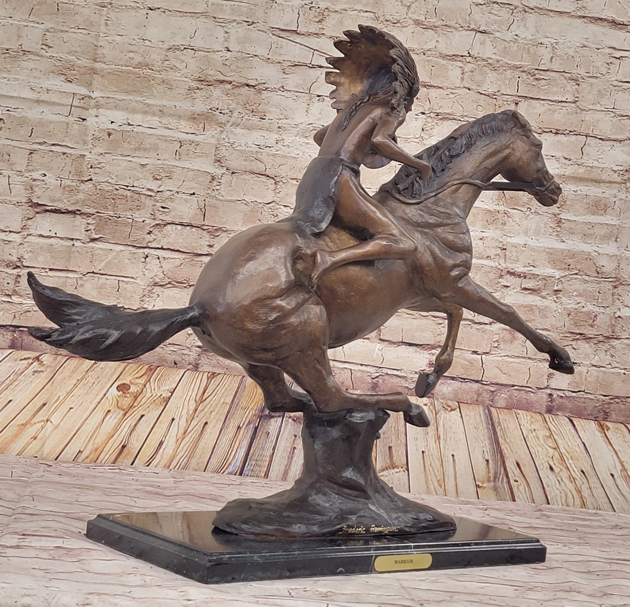 Frederic Remington WARRIOR Bronze Sculpture Statue Native American Headdress 20" x 25"