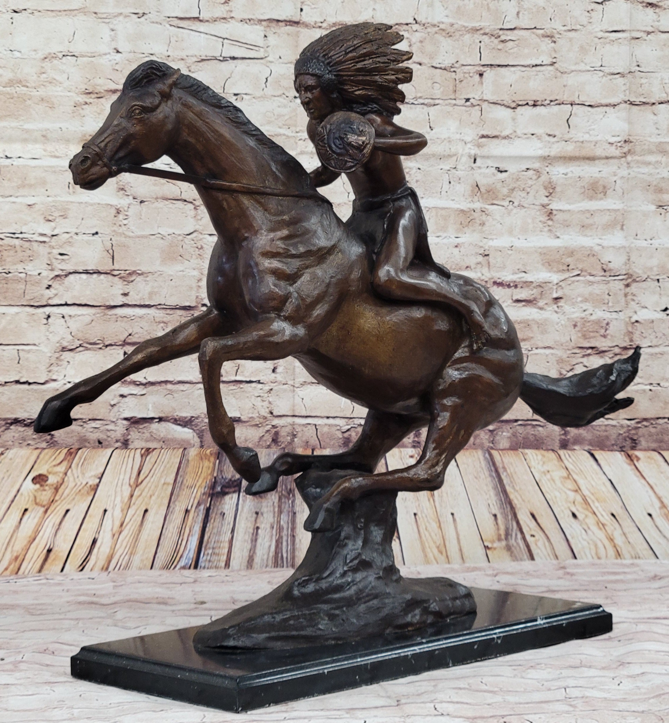 Frederic Remington WARRIOR Bronze Sculpture Statue Native American Headdress 20" x 25"