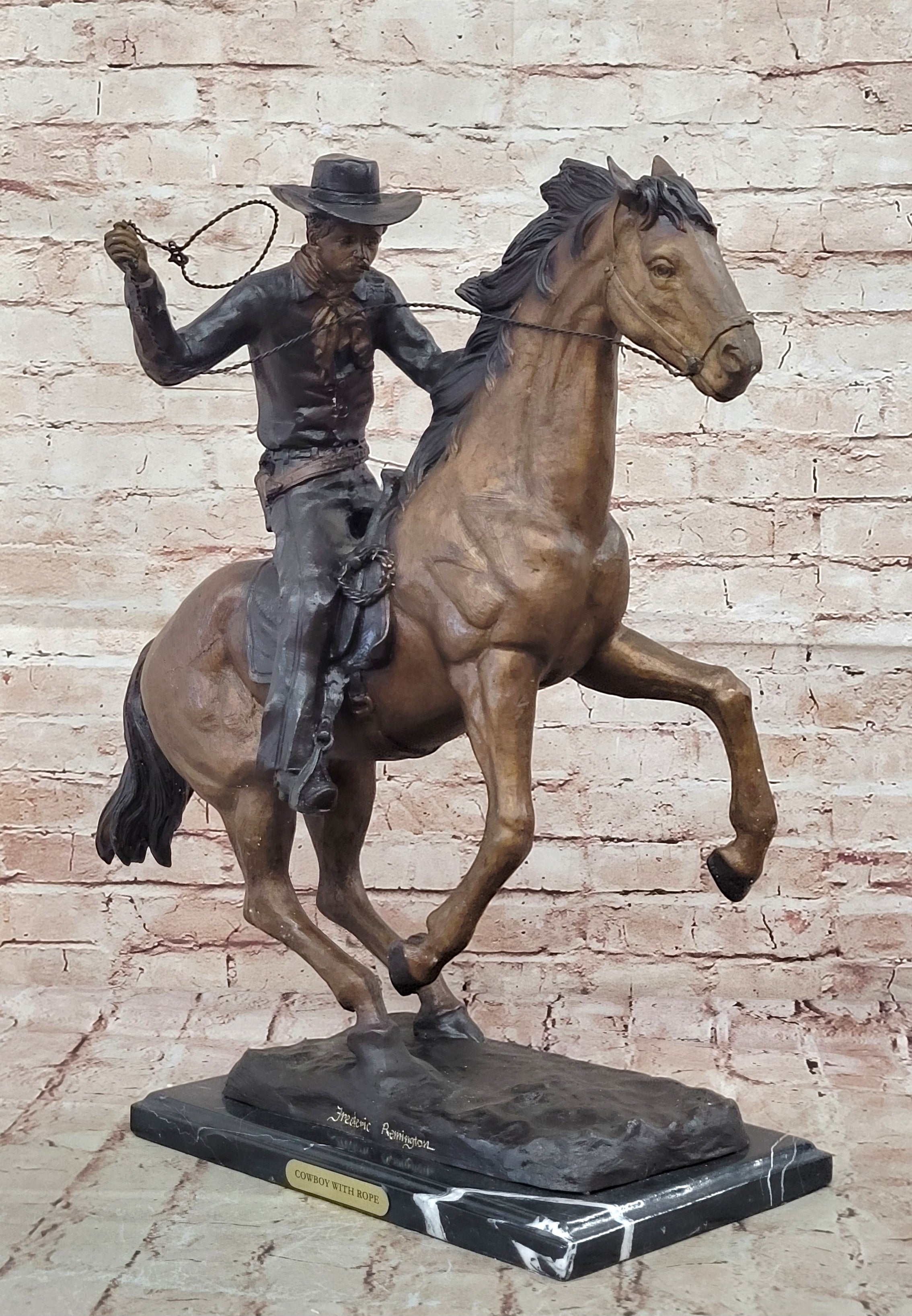 Cowboy with Rope on Horseback Bronze Sculpture Frederic Remington