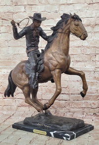 Cowboy with Rope on Horseback Bronze Sculpture Frederic Remington