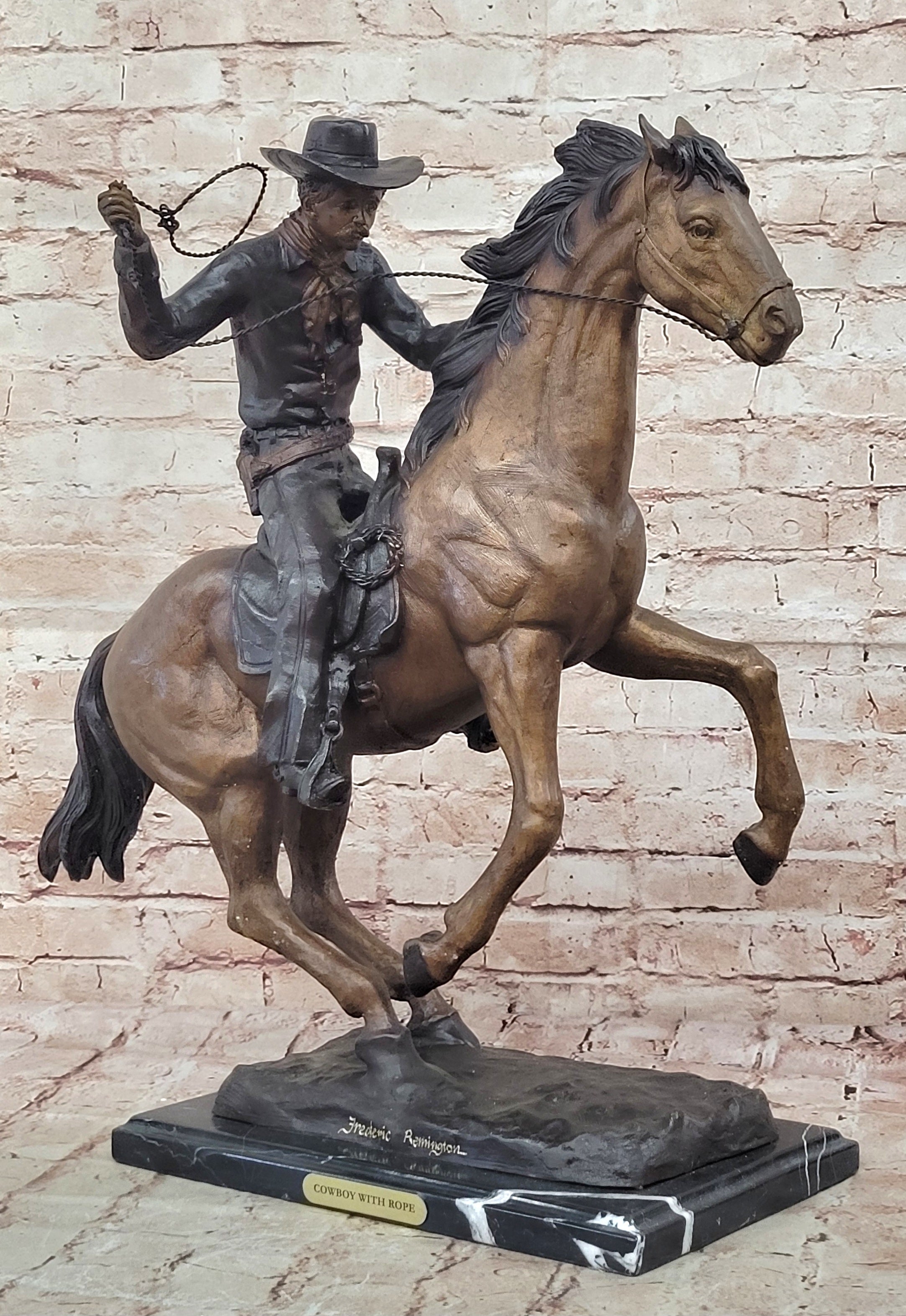 Cowboy with Rope on Horseback Bronze Sculpture Frederic Remington