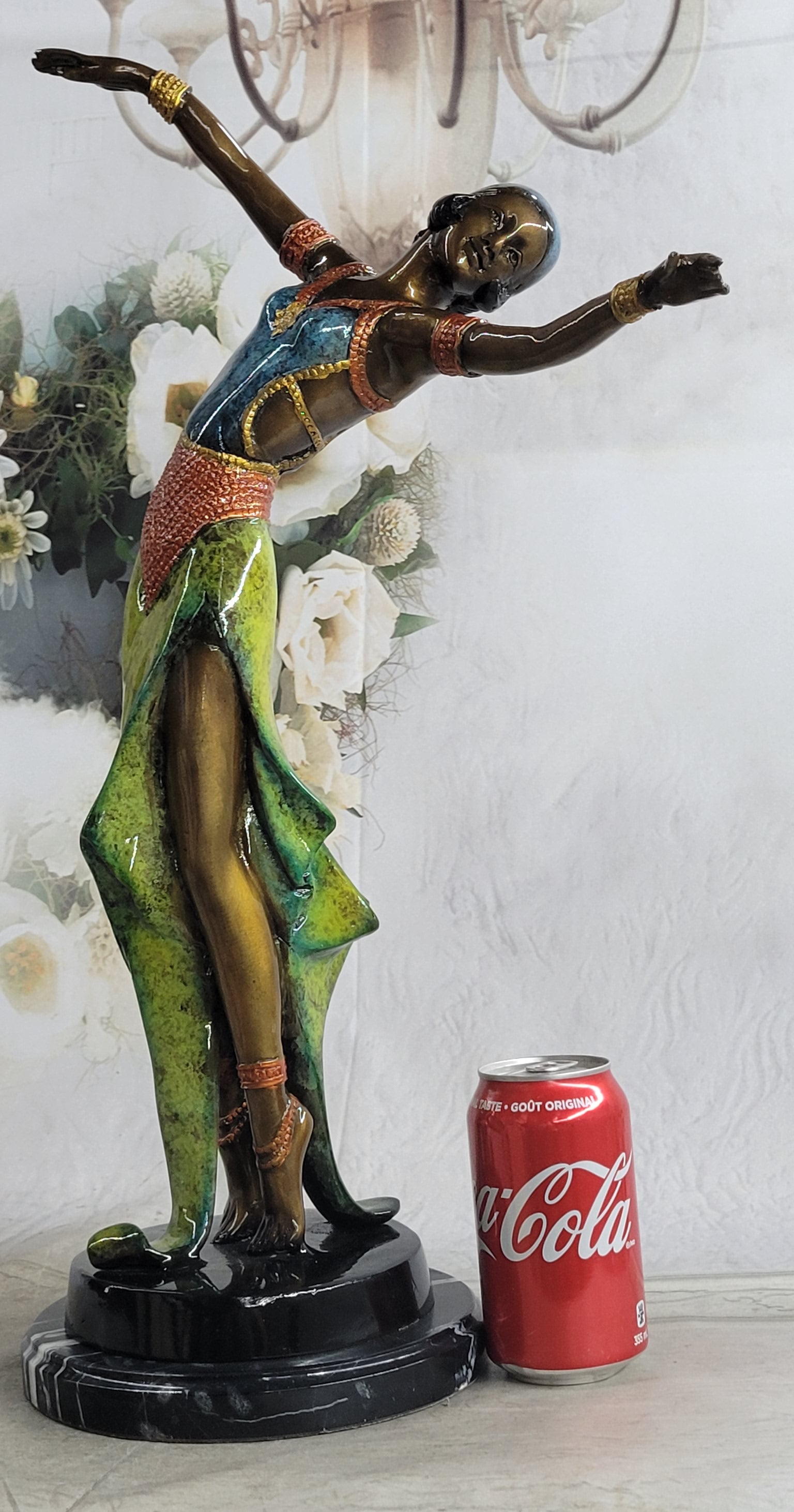 Colorful Patina Bronze Art Deco Flapper Dancer 23" x 13"