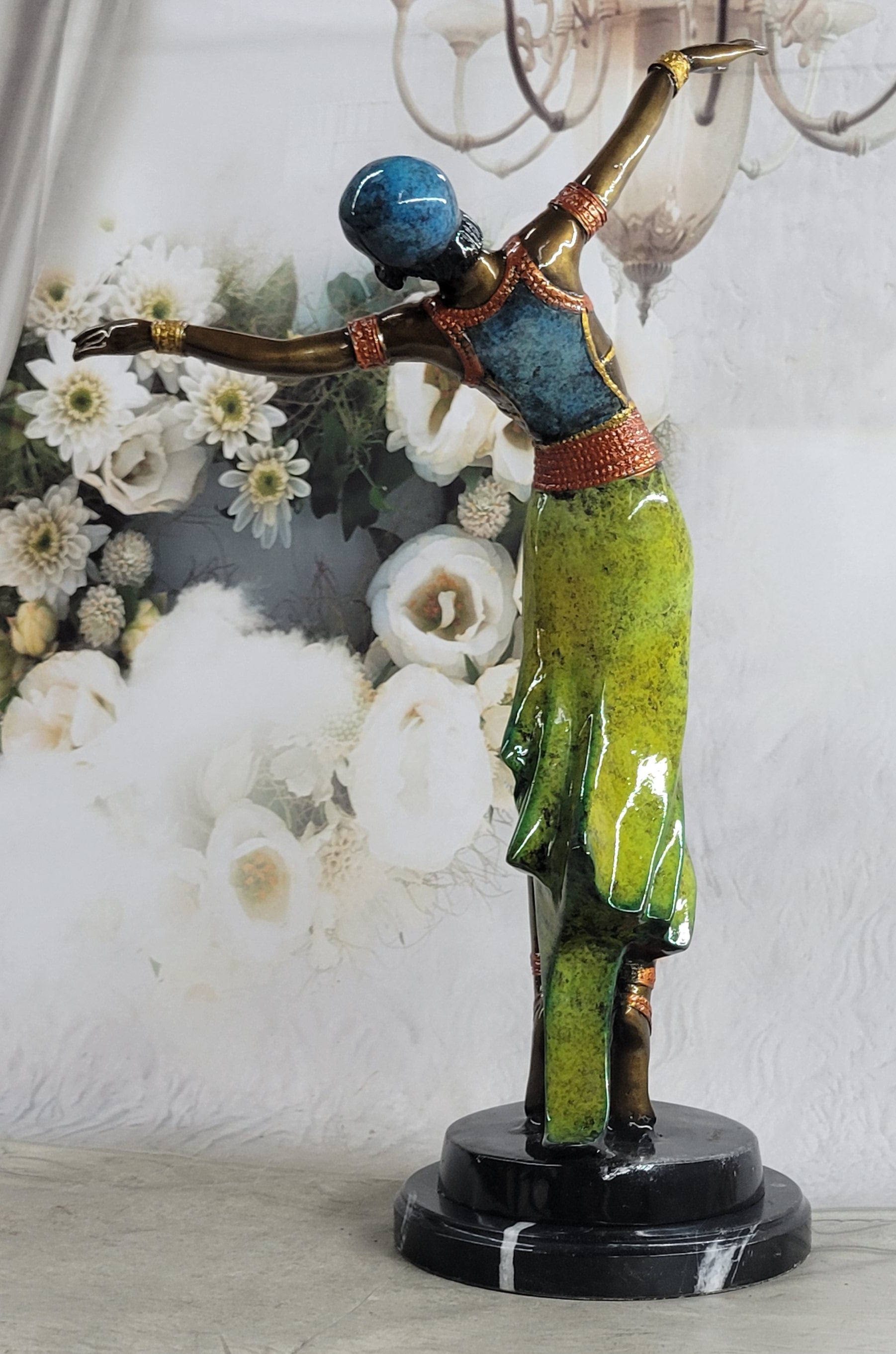 Colorful Patina Bronze Art Deco Flapper Dancer 23" x 13"