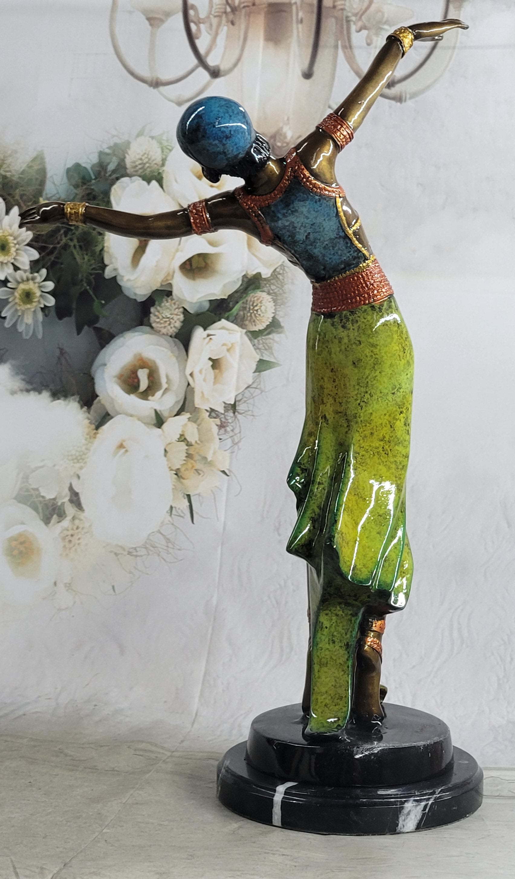 Colorful Patina Bronze Art Deco Flapper Dancer 23" x 13"