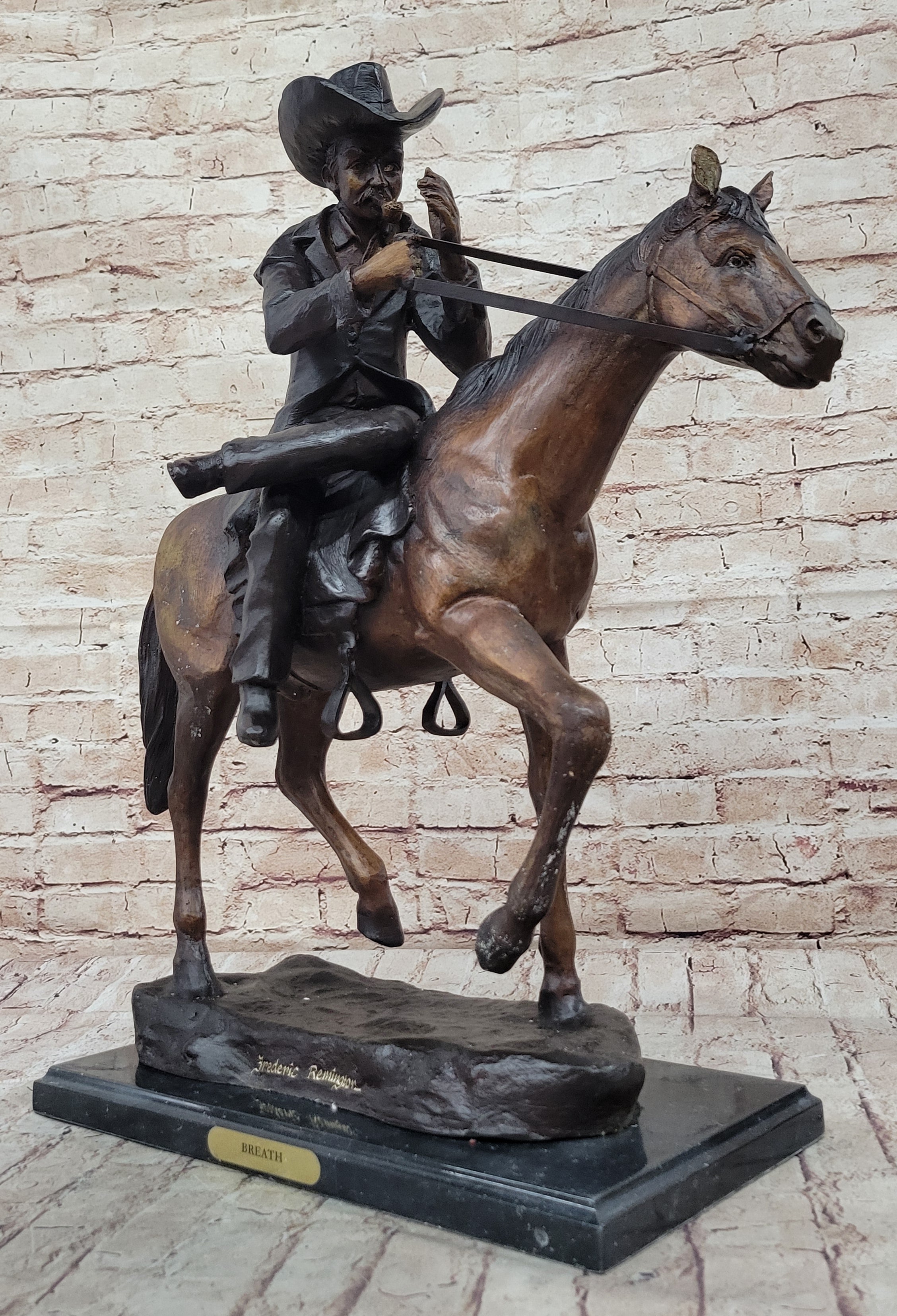 BREATH by Frederic Remington Bronze Statue Sculpture Cowboy Smoking Pipe 22" x 24"