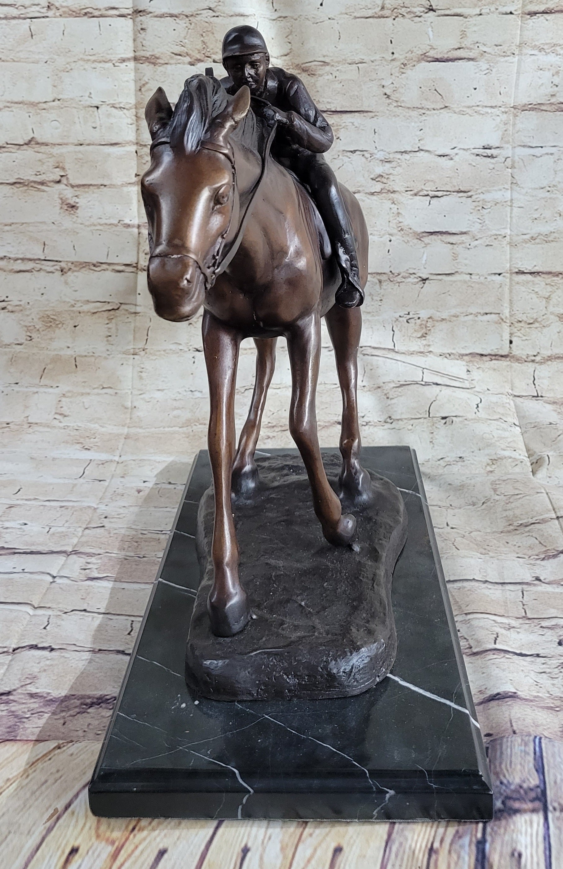 Bronze Jockey Horseman Equestrian Horse Racing Sculpture 16" x 23"