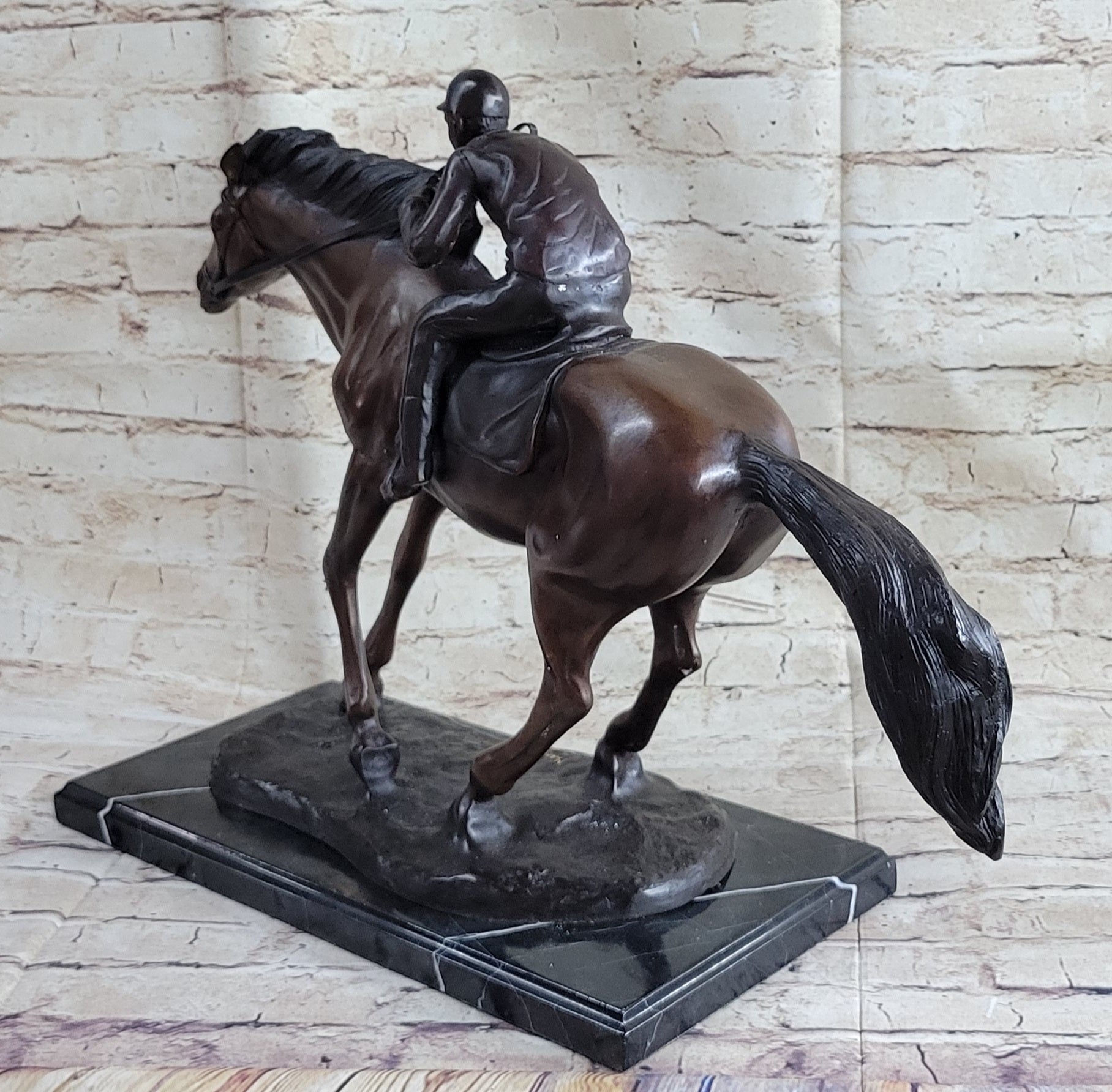 Bronze Jockey Horseman Equestrian Horse Racing Sculpture 16" x 23"