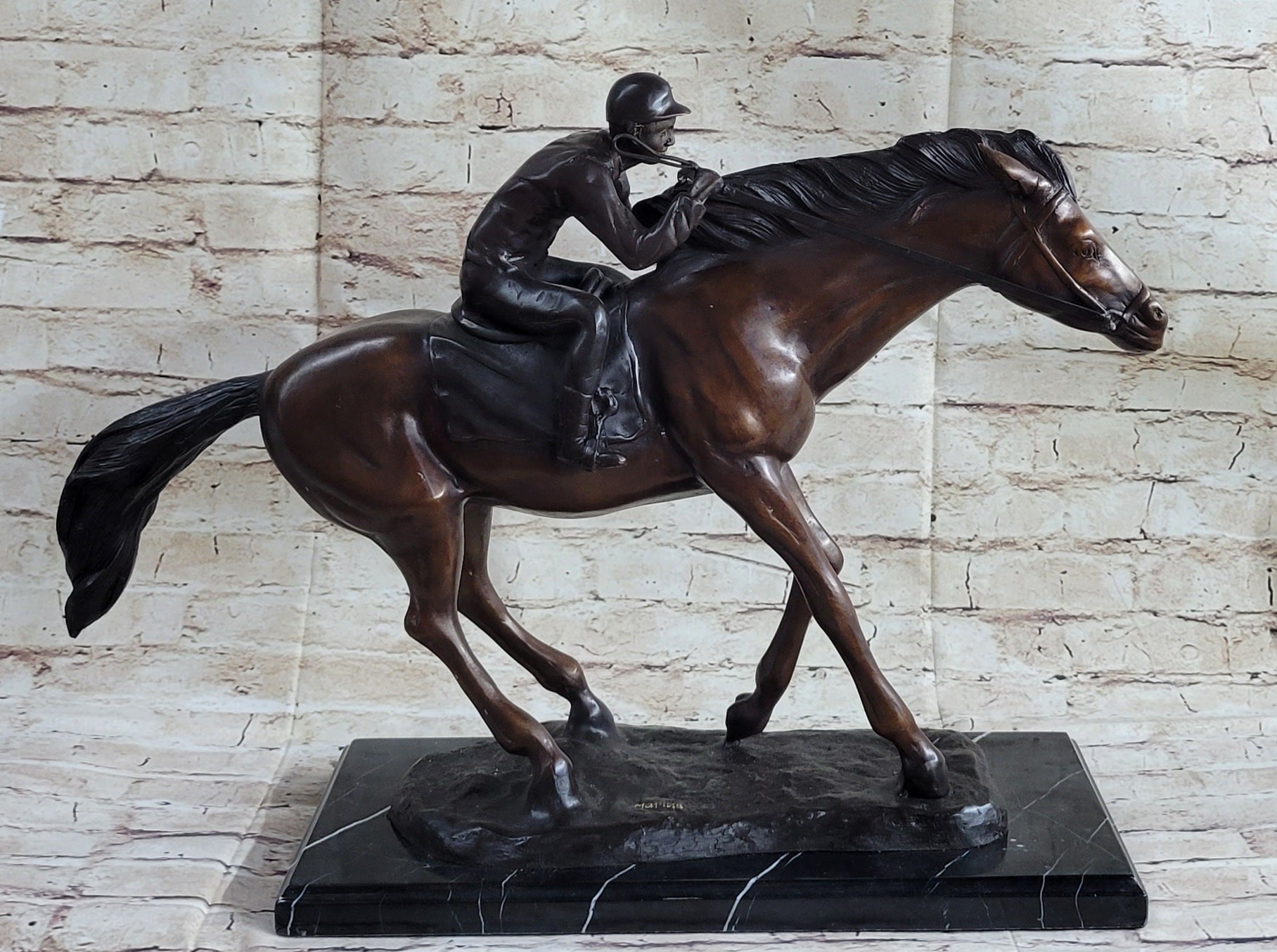 Bronze Jockey Horseman Equestrian Horse Racing Sculpture 16" x 23"