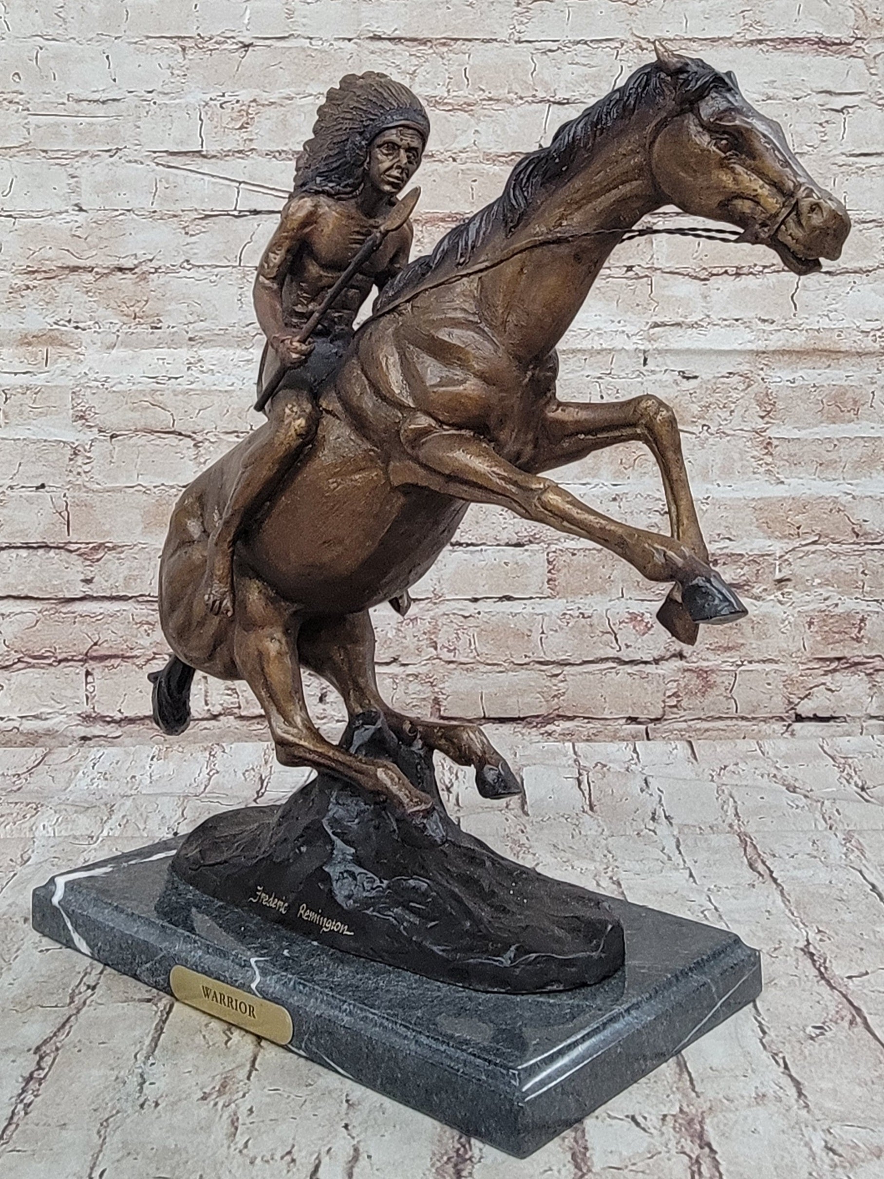 Native American WARRIOR on Horseback by Frederic Remington Bronze Statue Sculpture 18" x 21"