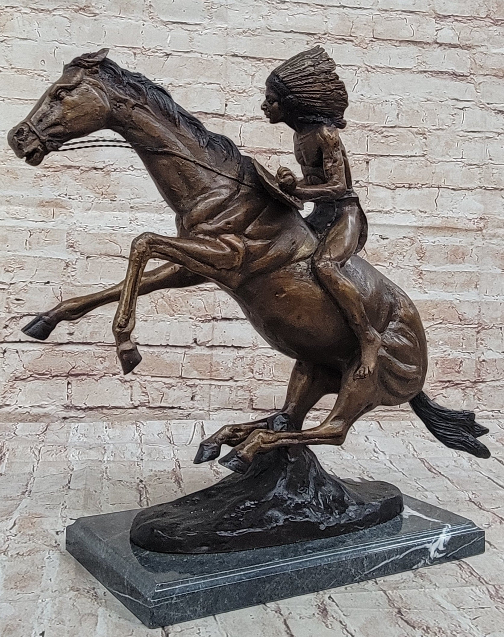 Native American WARRIOR on Horseback by Frederic Remington Bronze Statue Sculpture 18" x 21"