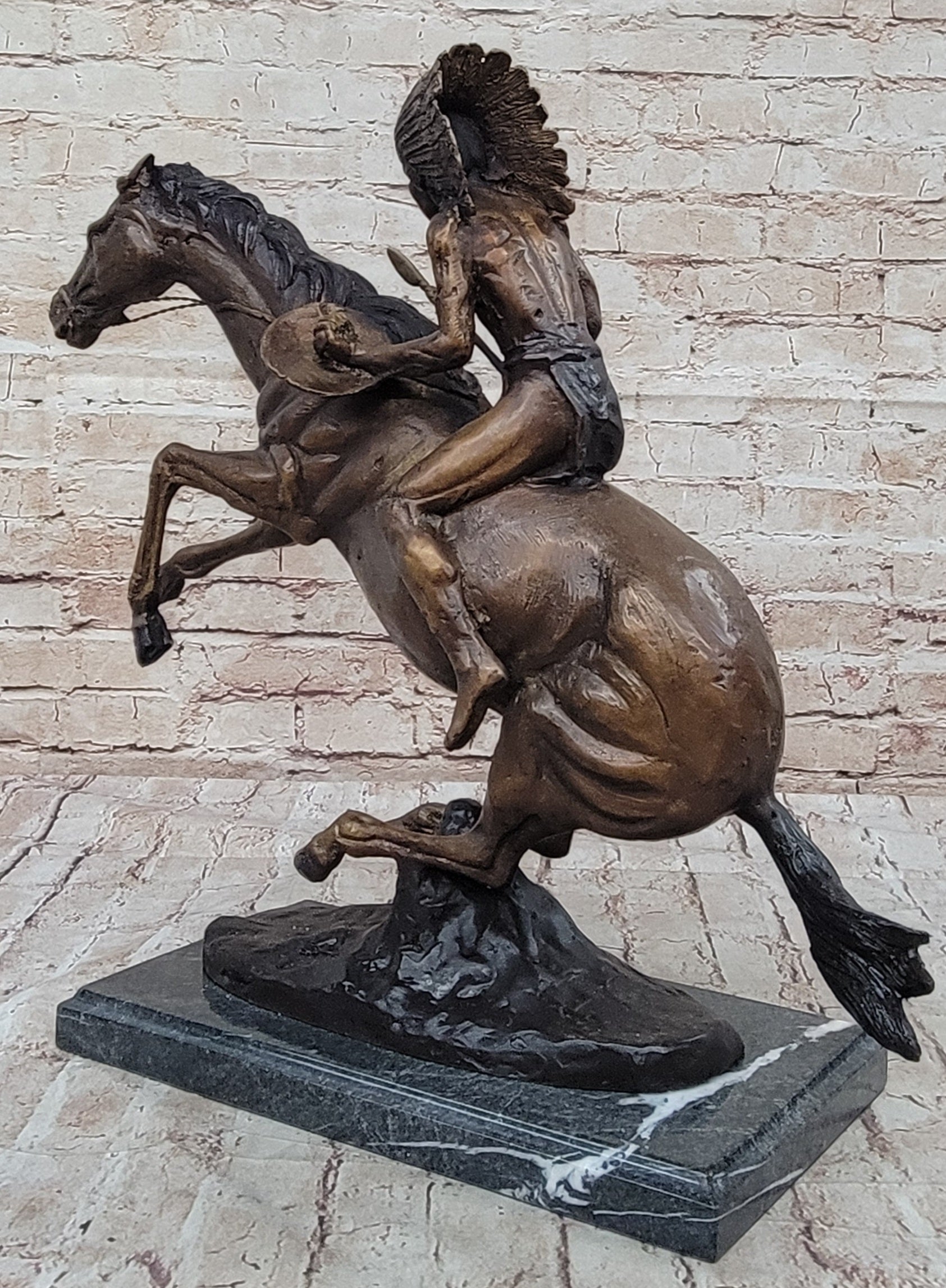Native American WARRIOR on Horseback by Frederic Remington Bronze Statue Sculpture 18" x 21"