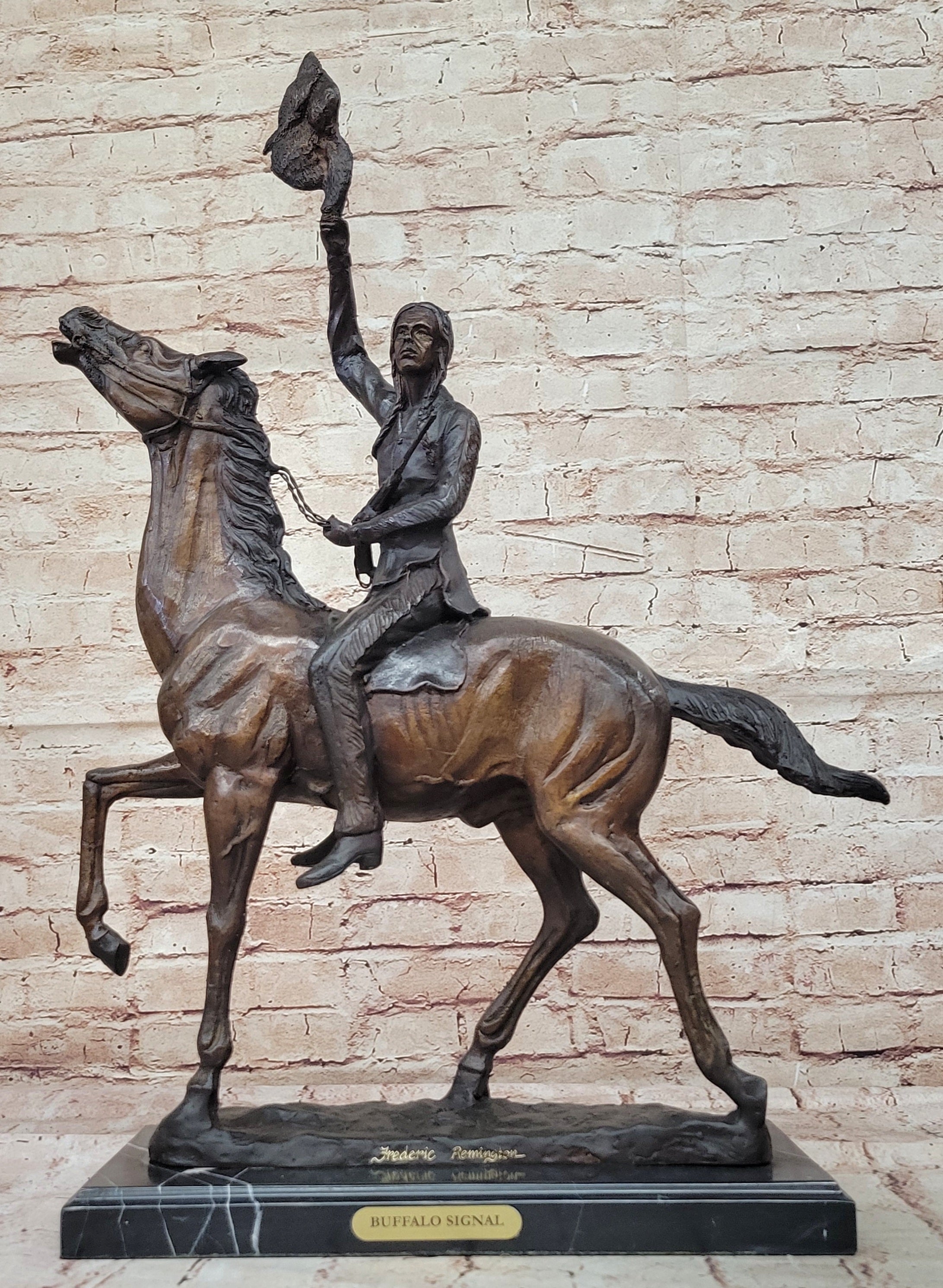 BUFFALO SIGNAL by Frederic Remington Bronze Sculpture Native American Horseback