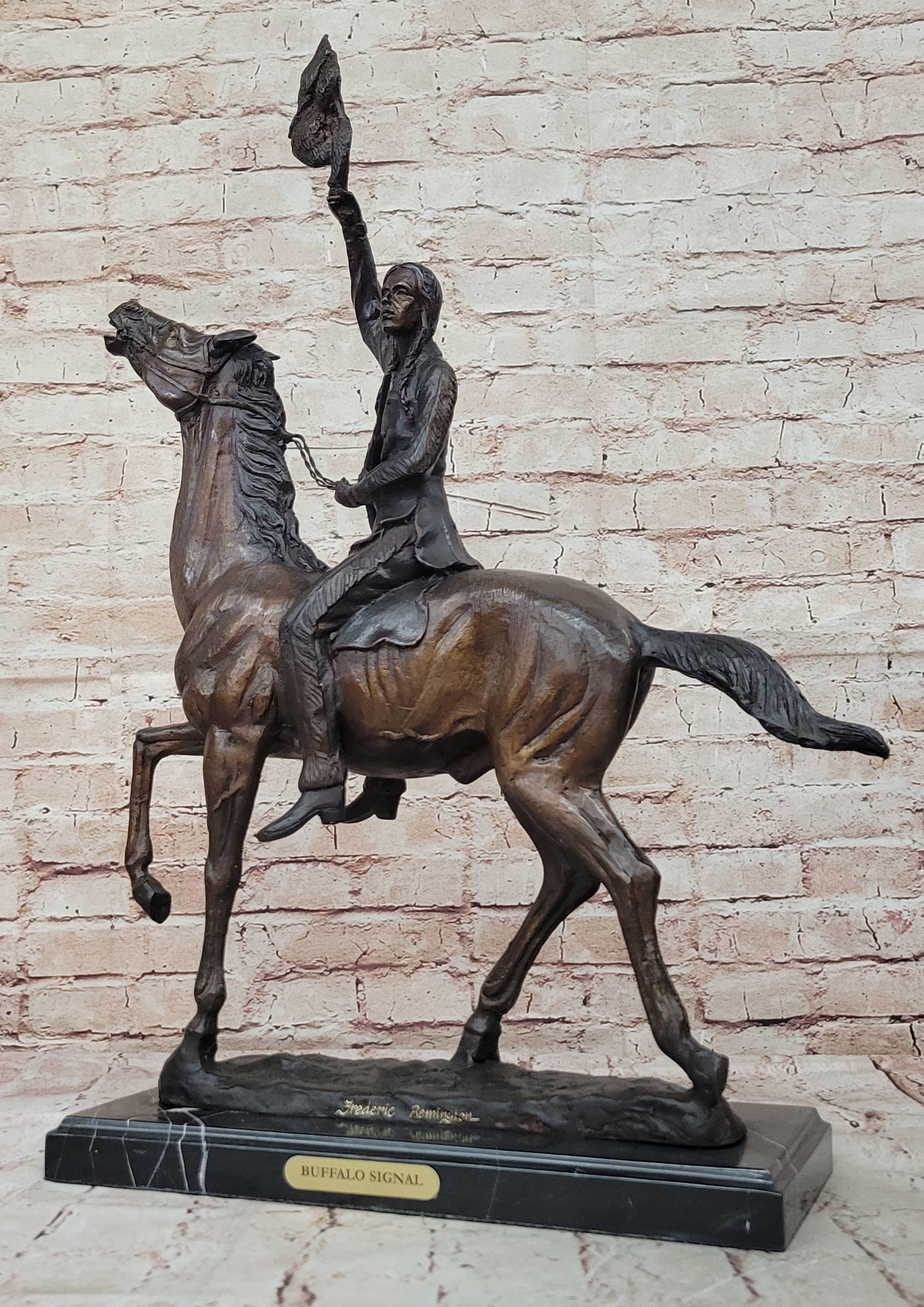 BUFFALO SIGNAL by Frederic Remington Bronze Sculpture Native American Horseback