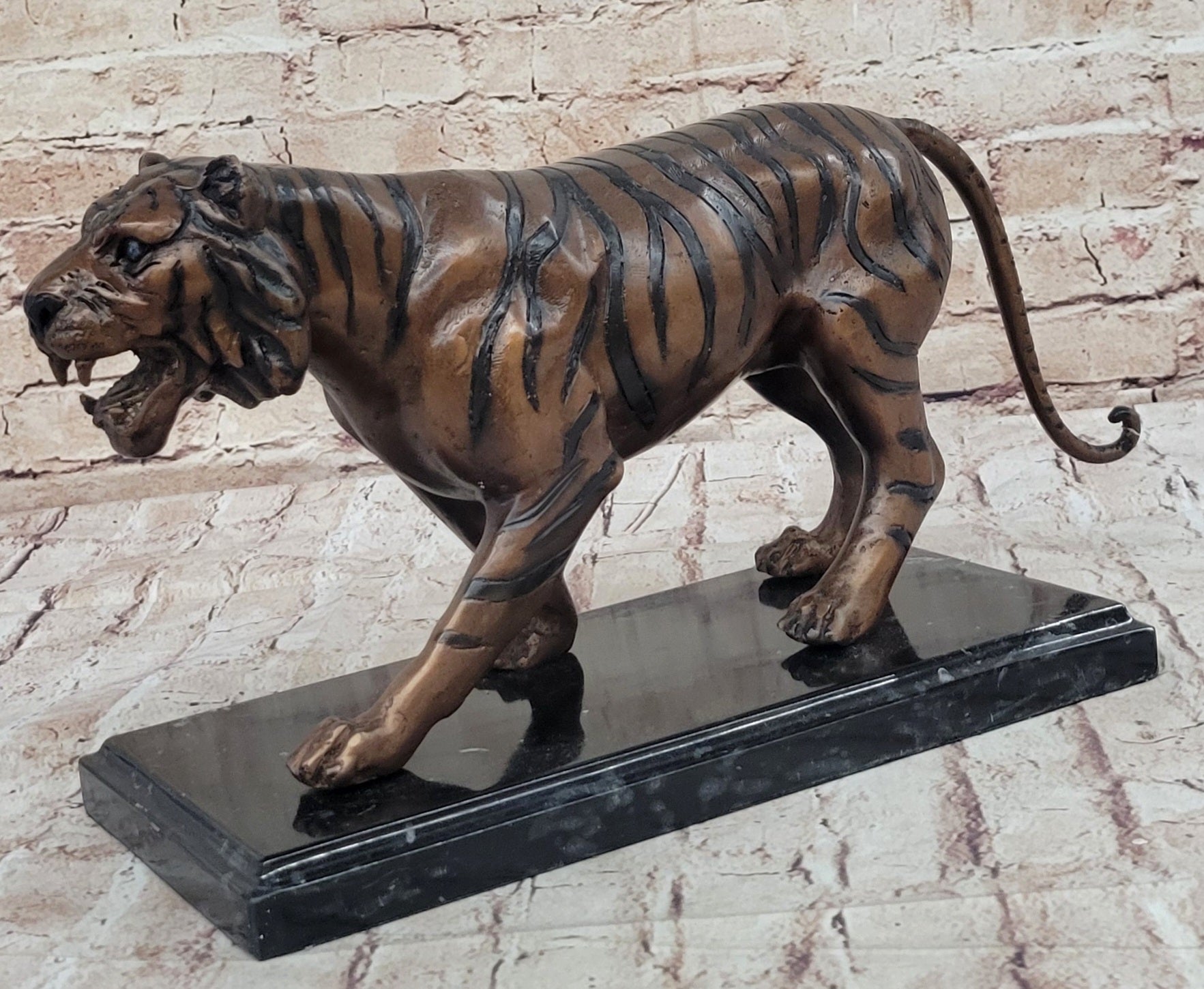 Bronze Tiger Sculpture on Marble Base by Moigniez
