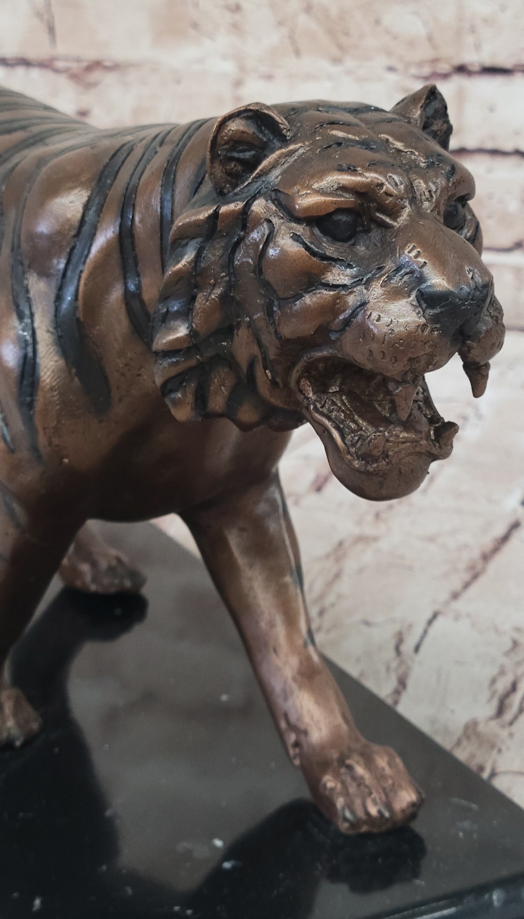 Bronze Tiger Sculpture on Marble Base by Moigniez