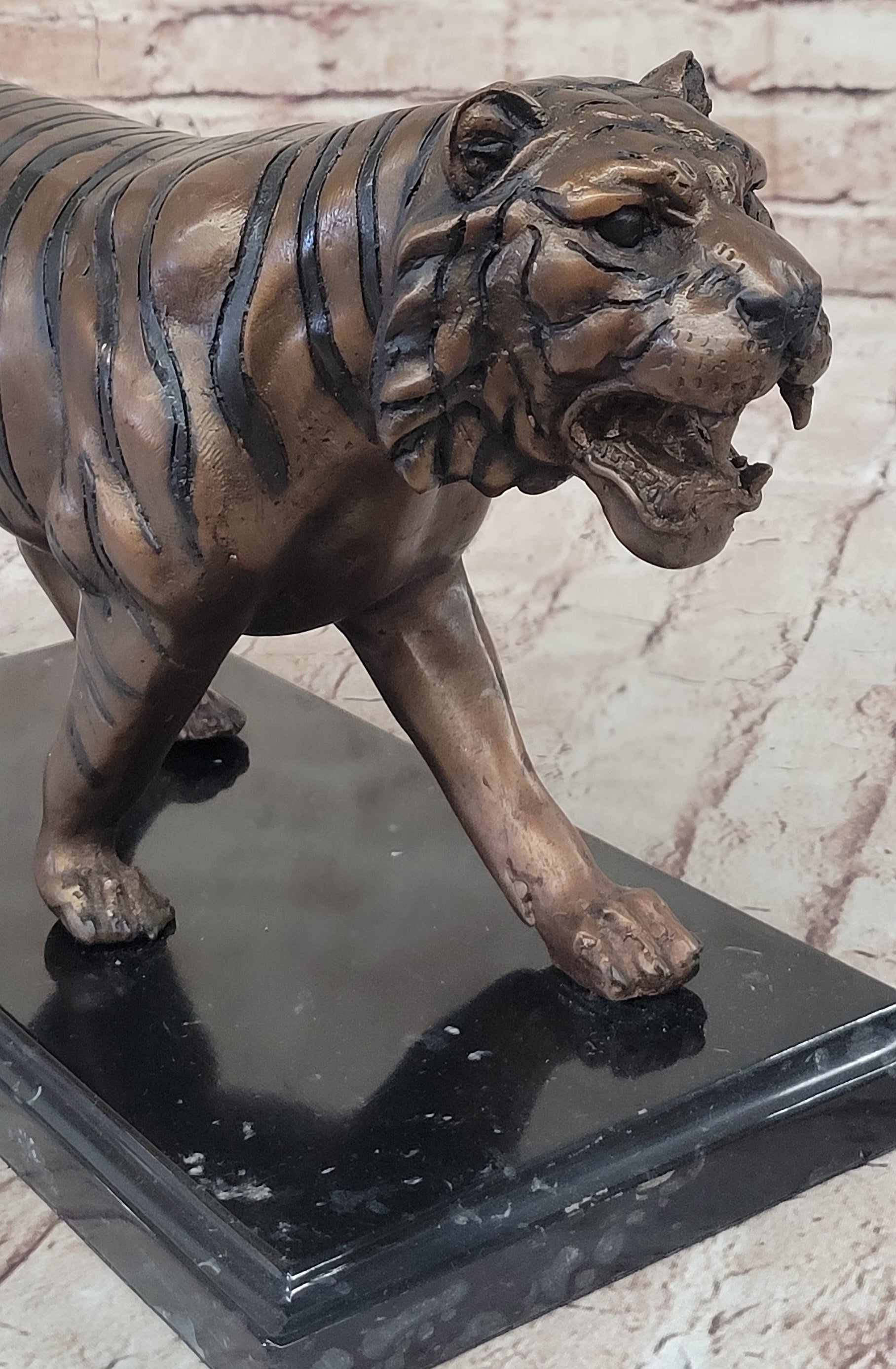 Bronze Tiger Sculpture on Marble Base by Moigniez