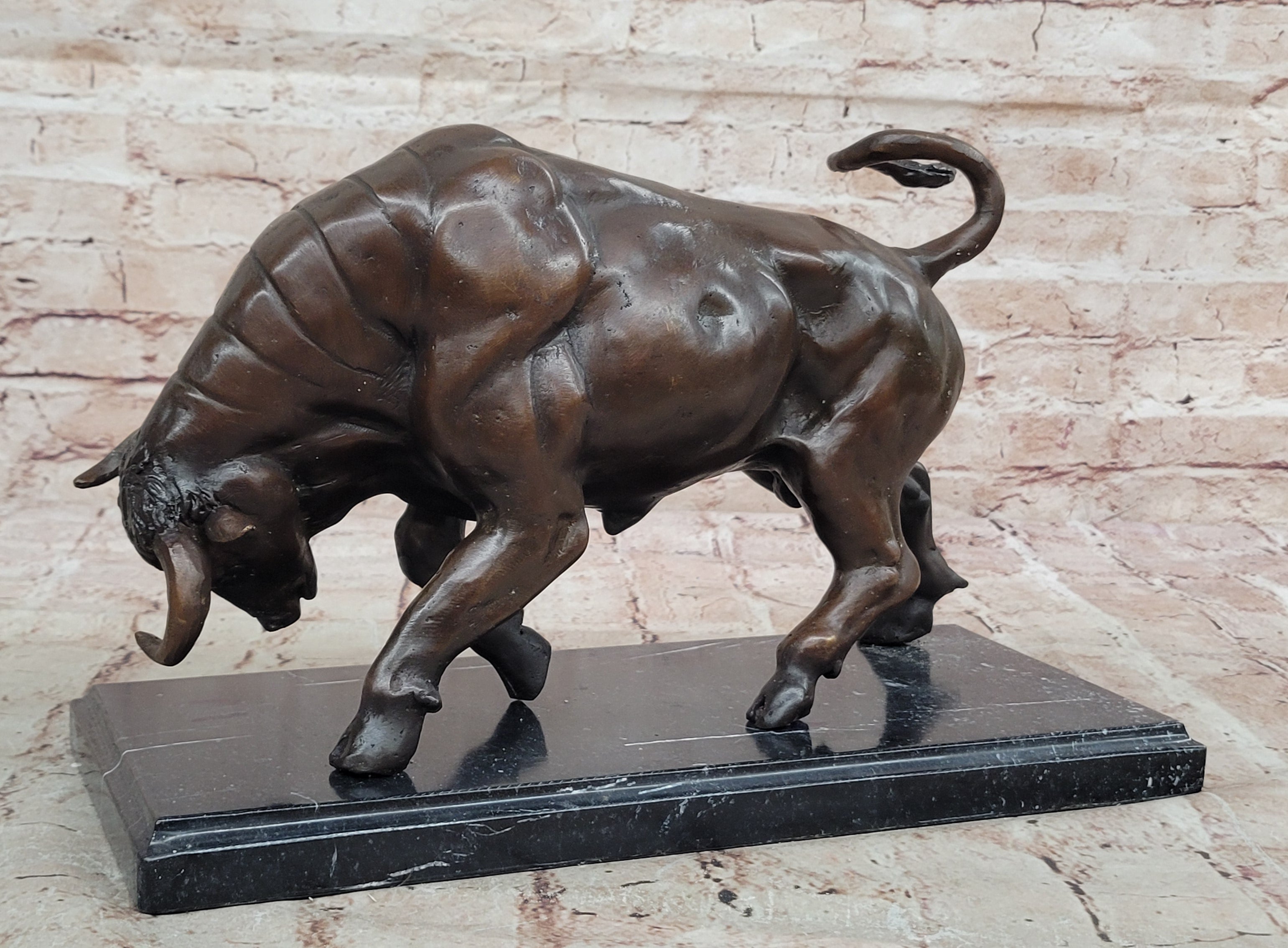 Charging Bull Bronze Sculpture on Marble Base Wall Street