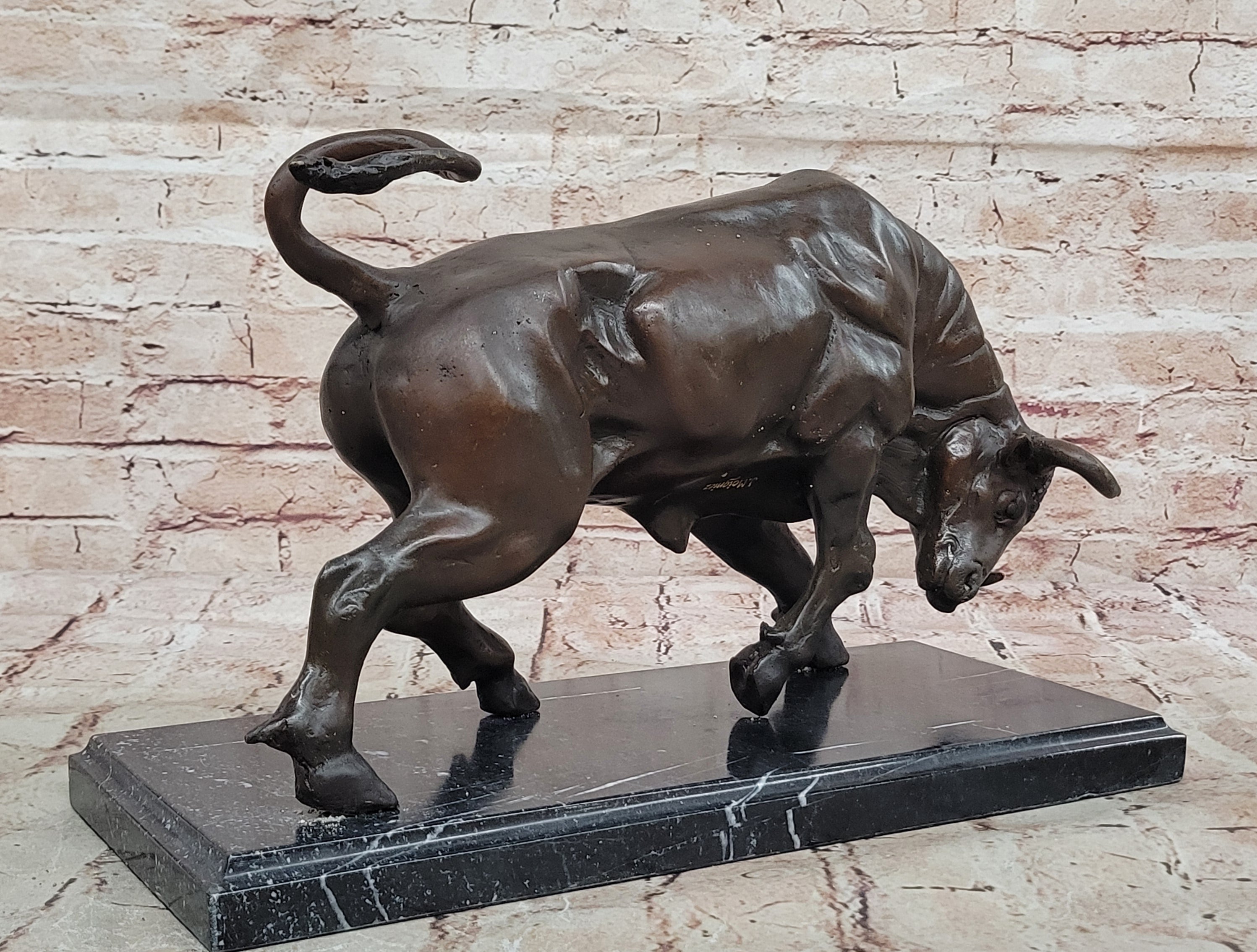 Charging Bull Bronze Sculpture on Marble Base Wall Street