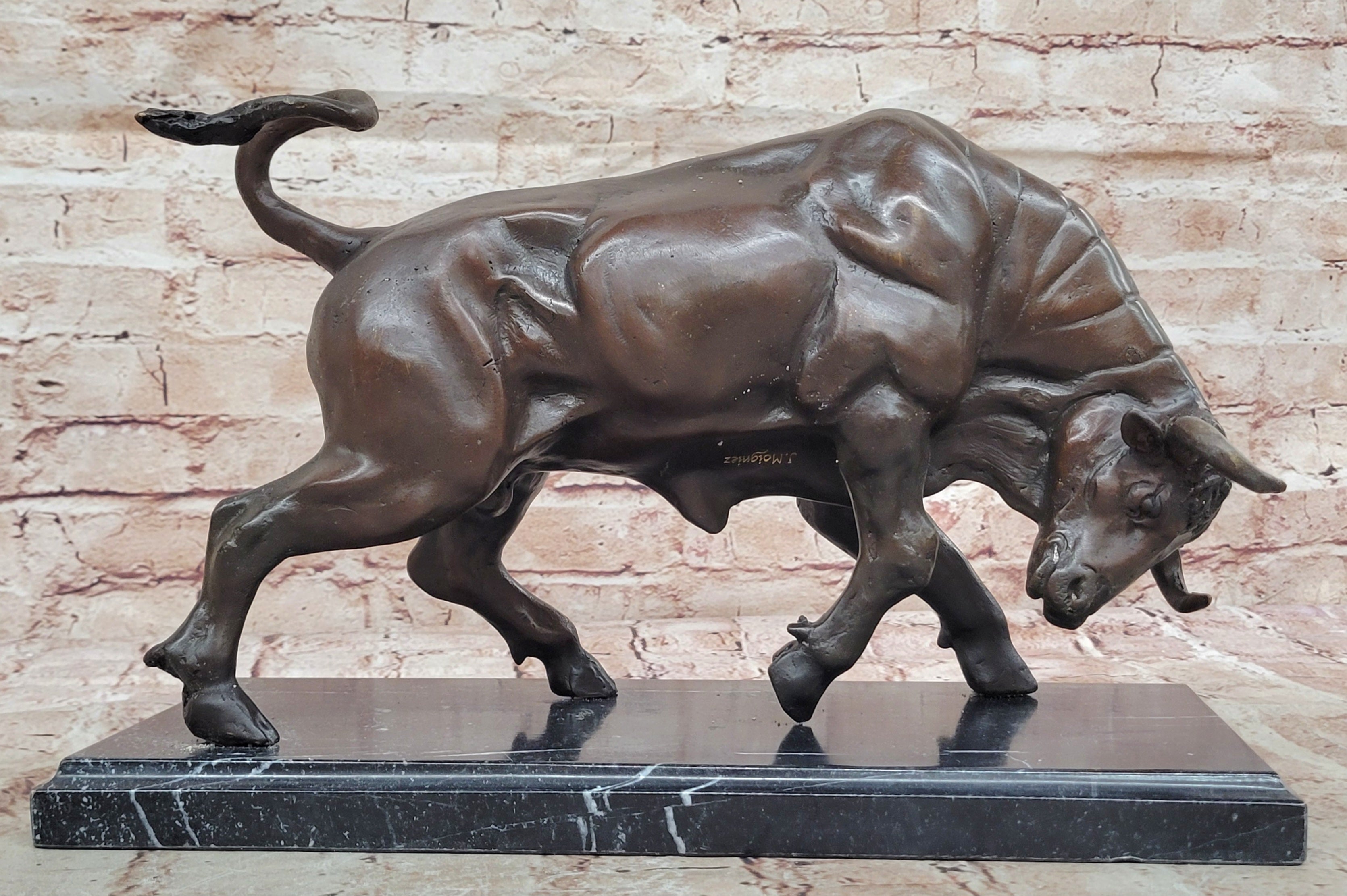 Charging Bull Bronze Sculpture on Marble Base Wall Street