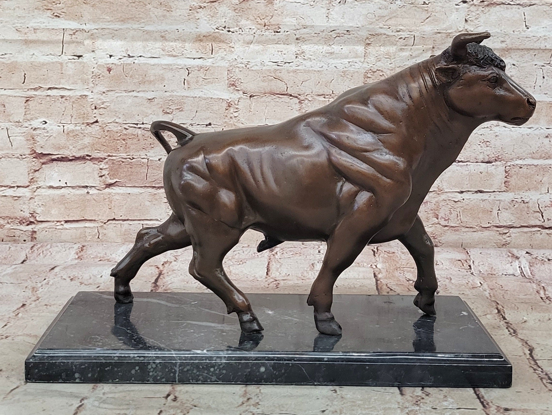 Bull Bronze Metal Sculpture Lost Wax Casting on Black Marble 11" x 18"