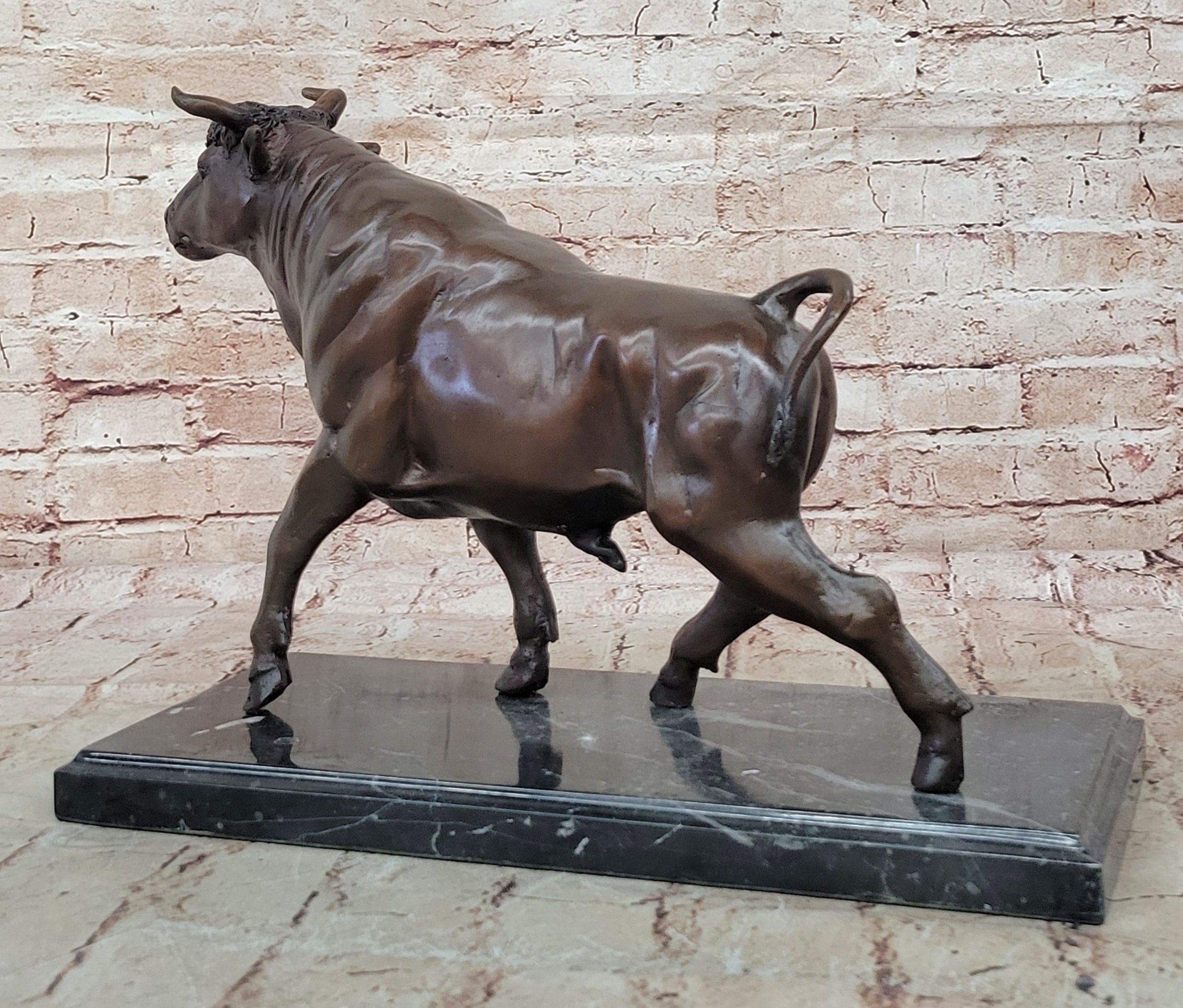 Bull Bronze Metal Sculpture Lost Wax Casting on Black Marble 11" x 18"