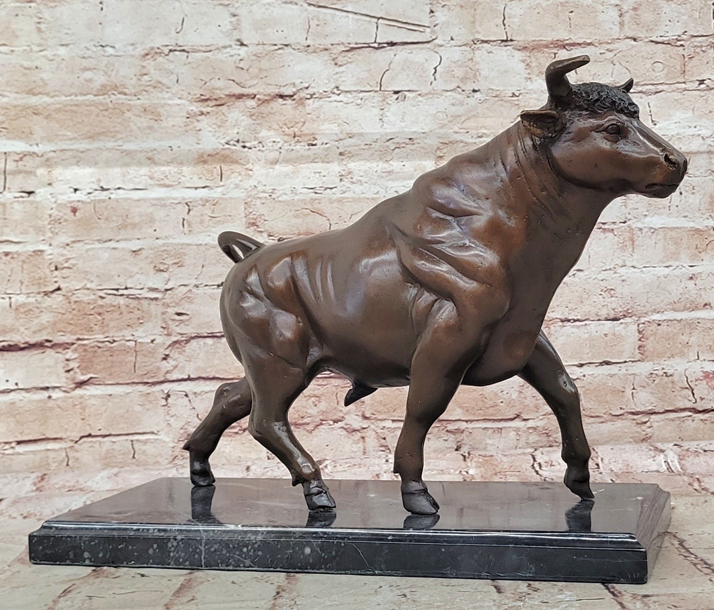 Bull Bronze Metal Sculpture Lost Wax Casting on Black Marble 11" x 18"