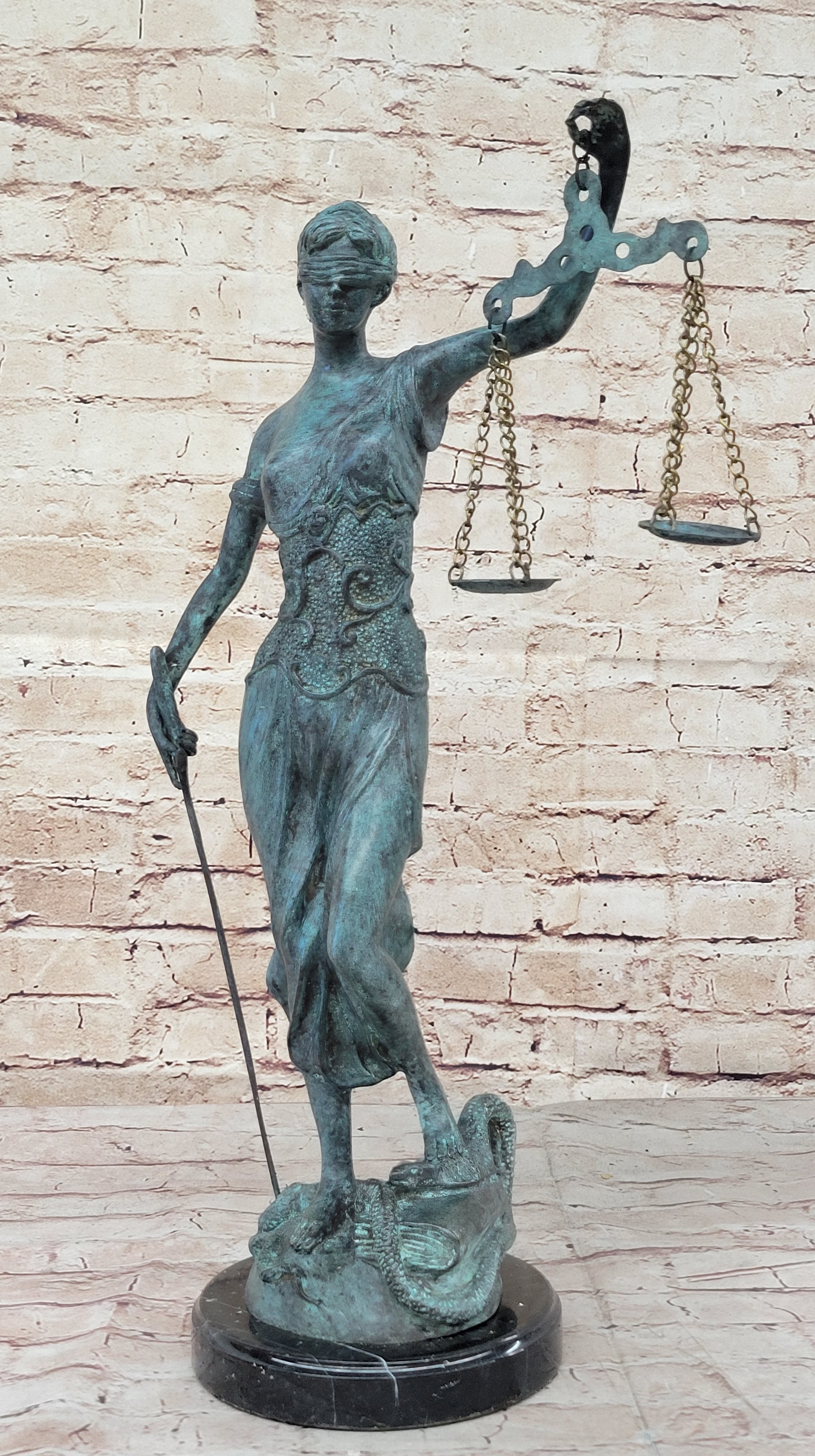 Blind Lady Justice Bronze Sculpture Green Patina 19" x 12"