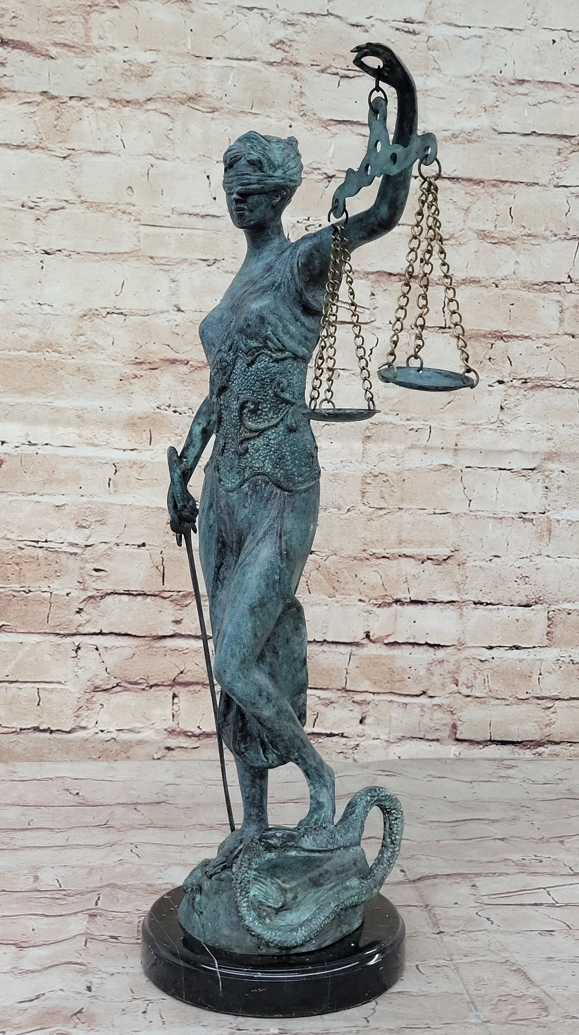 Blind Lady Justice Bronze Sculpture Green Patina 19" x 12"