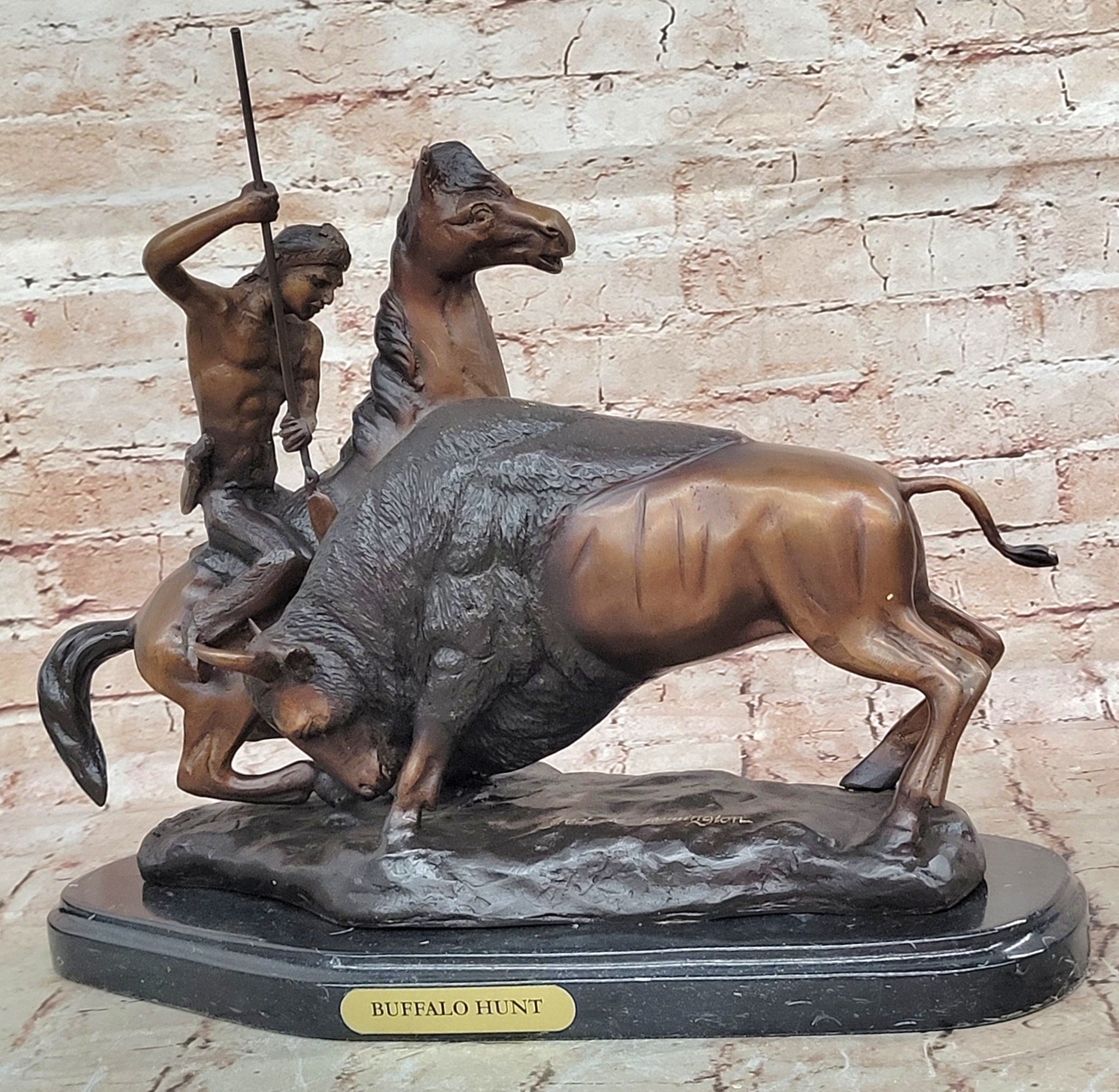 BUFFALO HUNT by Frederic Remington Native American Western Bronze Statue Sculpture 13" x 17"