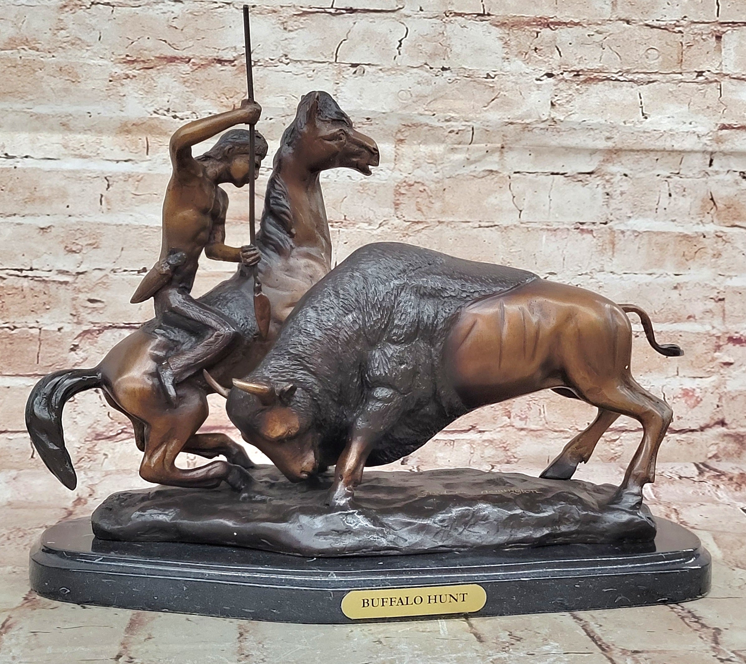 BUFFALO HUNT by Frederic Remington Native American Western Bronze Statue Sculpture 13" x 17"