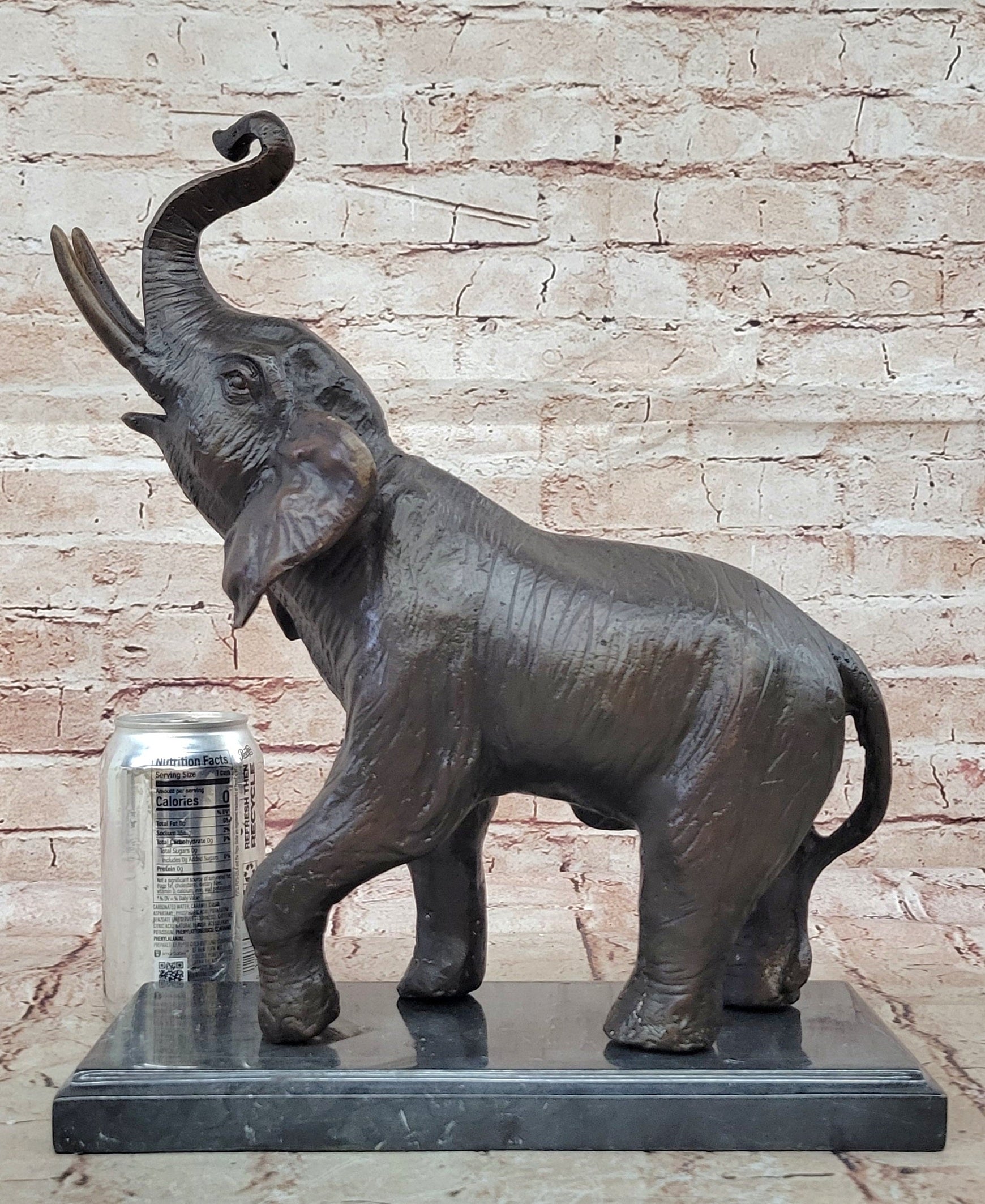 Trumpeting Happy Elephant Bronze Sculpture Marble Base 16" x 10"