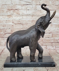 Trumpeting Happy Elephant Bronze Sculpture Marble Base 16" x 10"