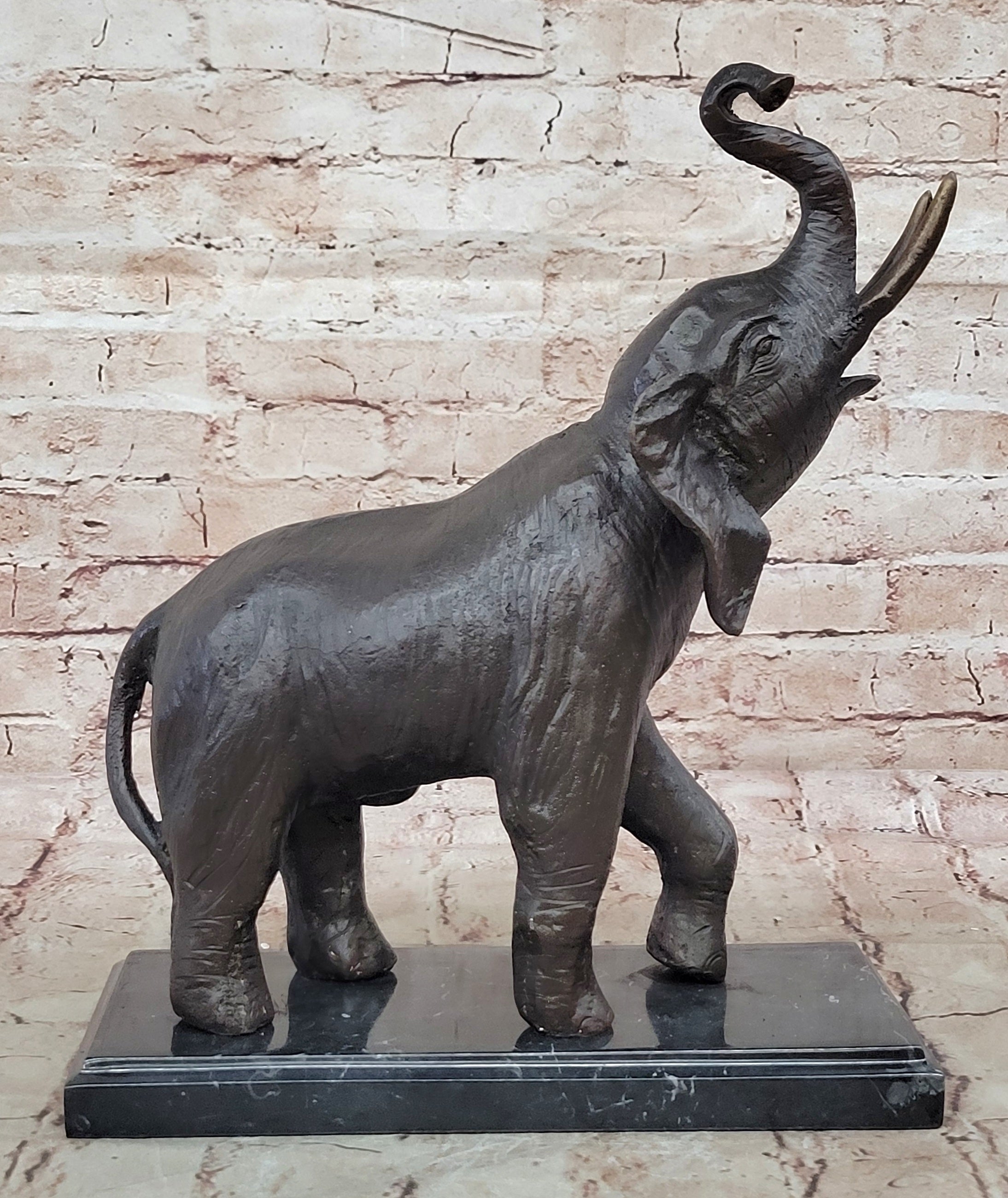 Trumpeting Happy Elephant Bronze Sculpture Marble Base 16" x 10"