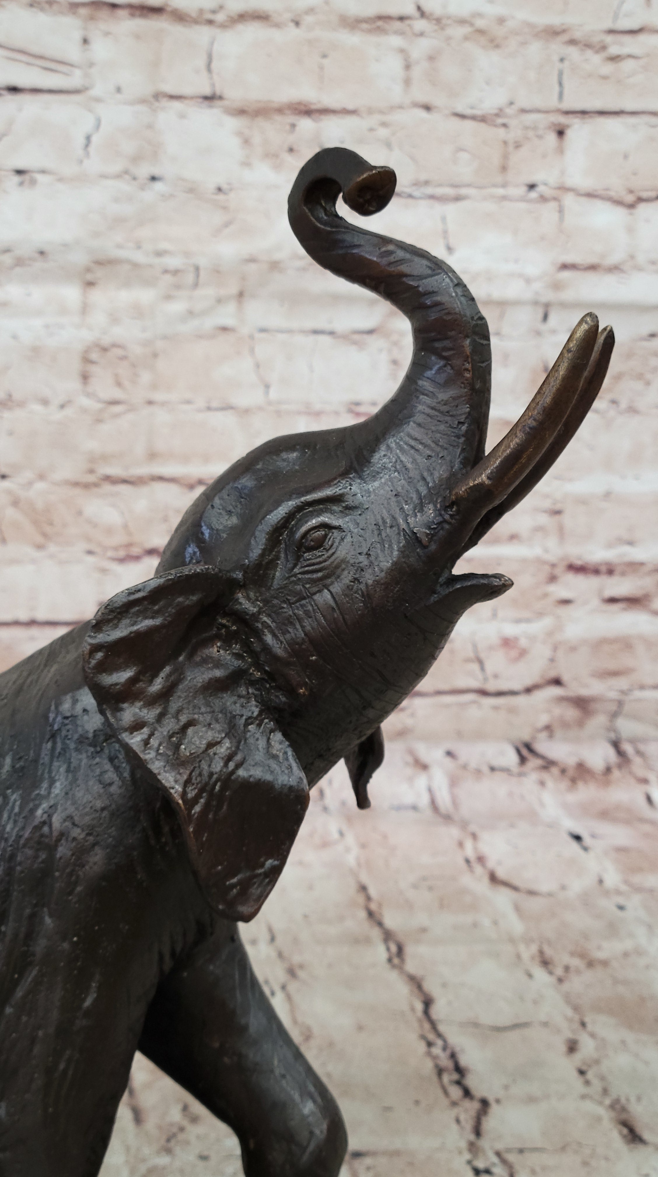 Trumpeting Happy Elephant Bronze Sculpture Marble Base 16" x 10"