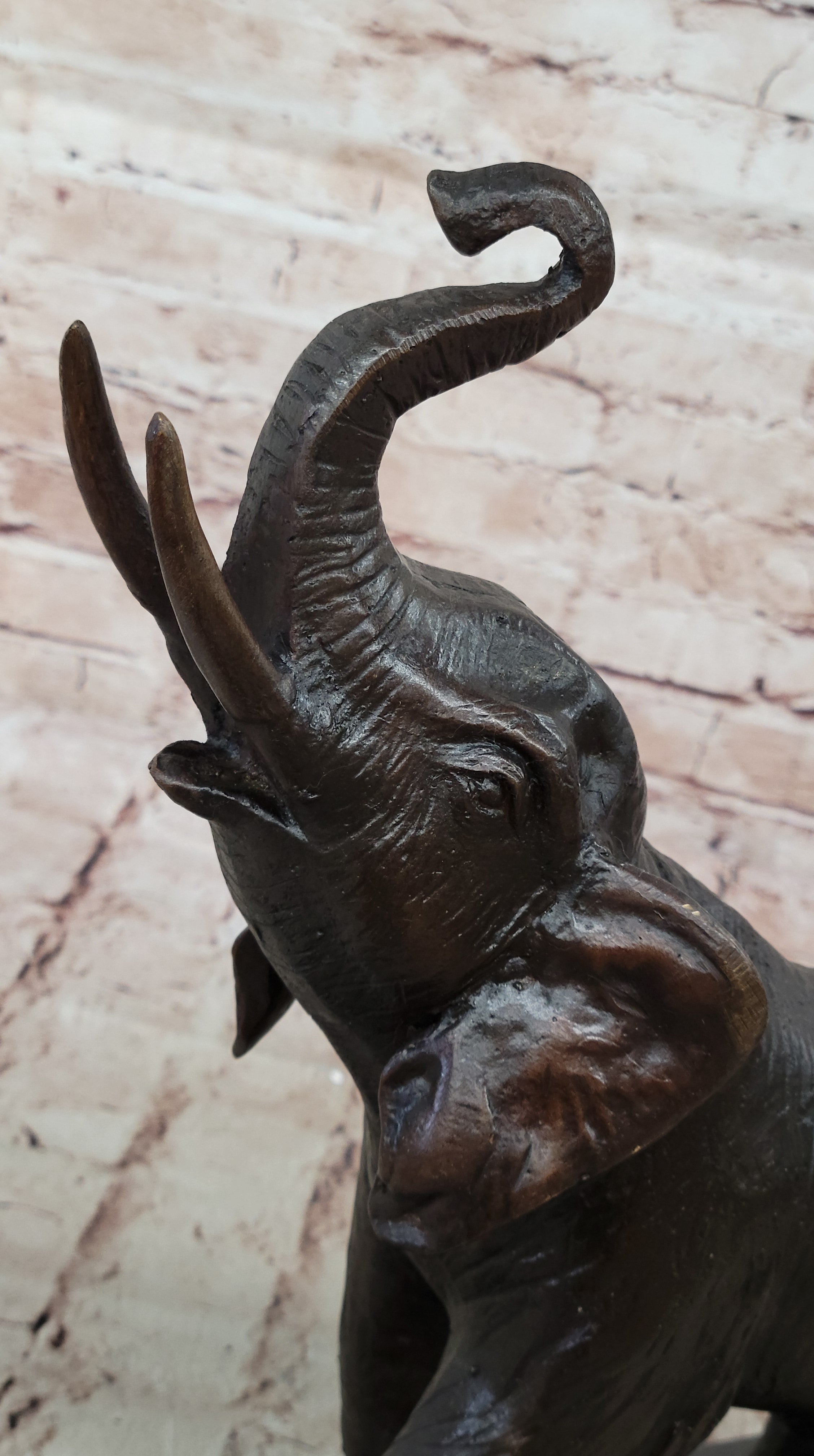 Trumpeting Happy Elephant Bronze Sculpture Marble Base 16" x 10"