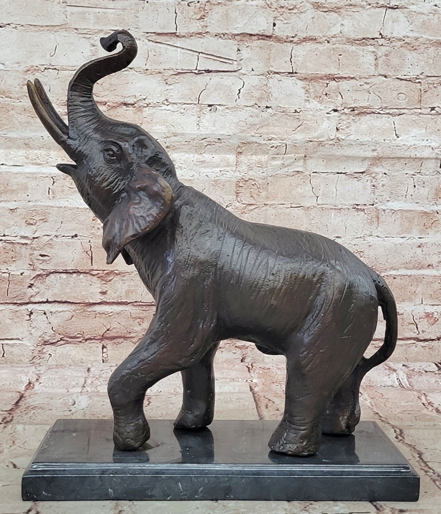 Trumpeting Happy Elephant Bronze Sculpture Marble Base 16" x 10"