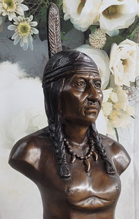 Native American Indian Man Bronze Bust 14" x 7"
