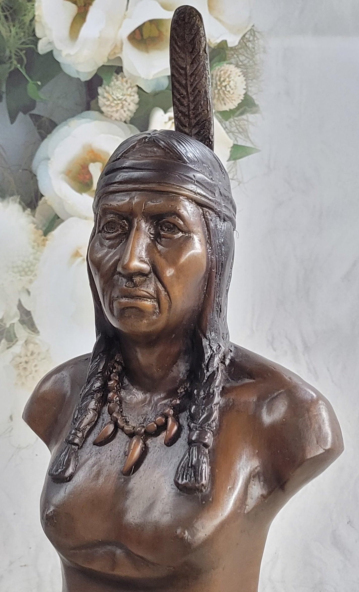 Native American Indian Man Bronze Bust 14" x 7"