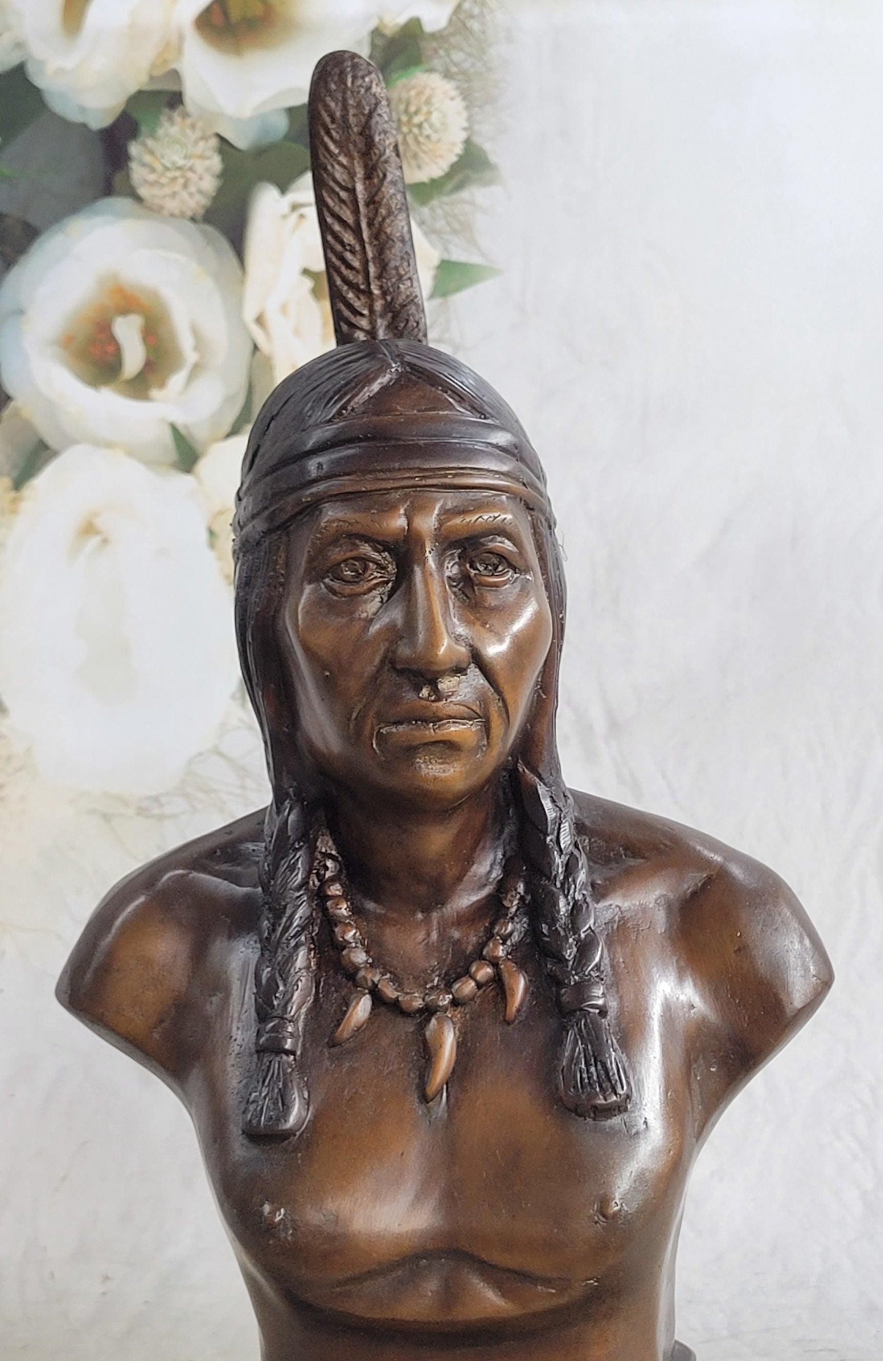 Native American Indian Man Bronze Bust 14" x 7"
