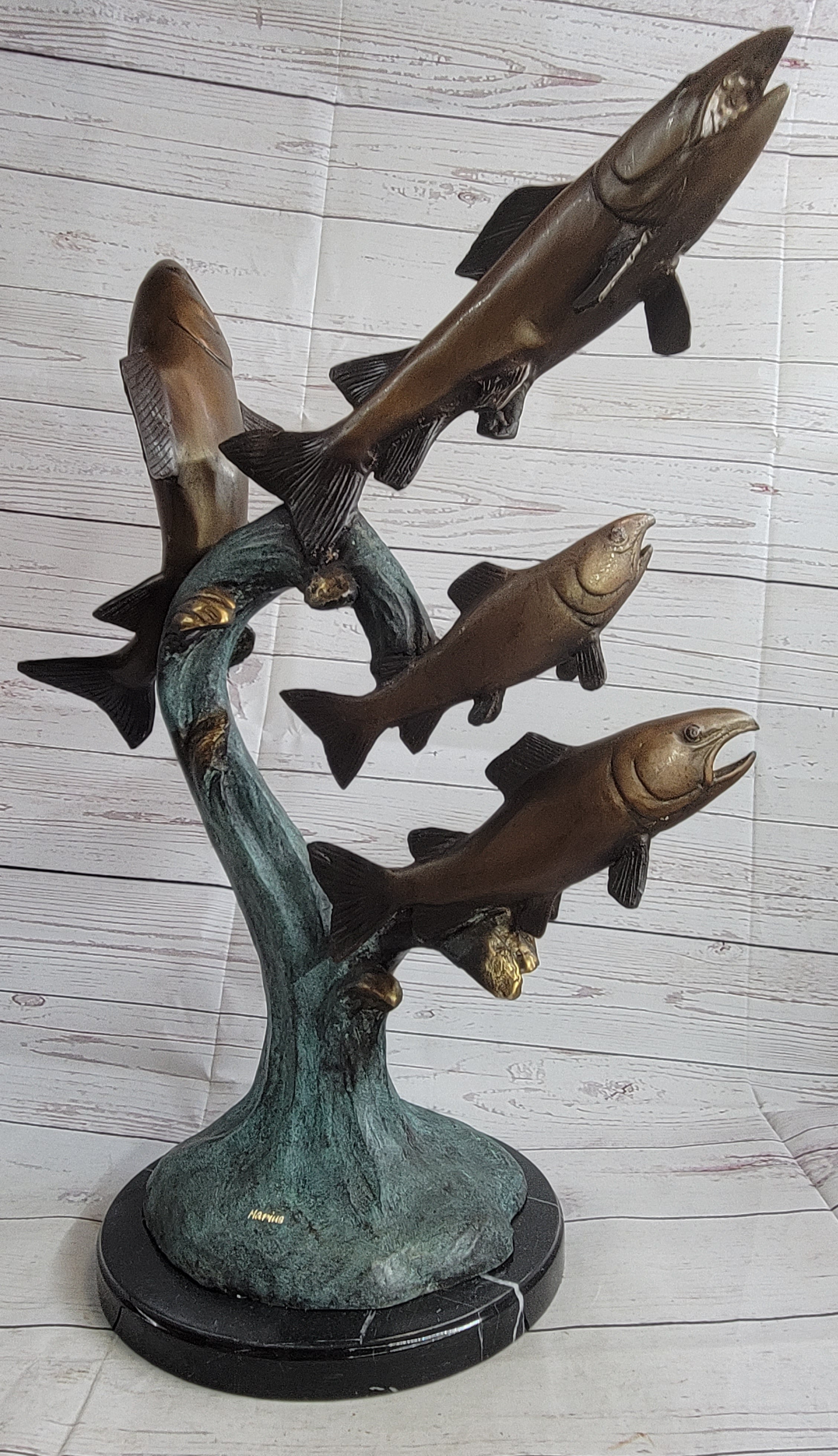 4 Fish Jumping Out of Water Bronze Metal Sculpture 25" x 18"