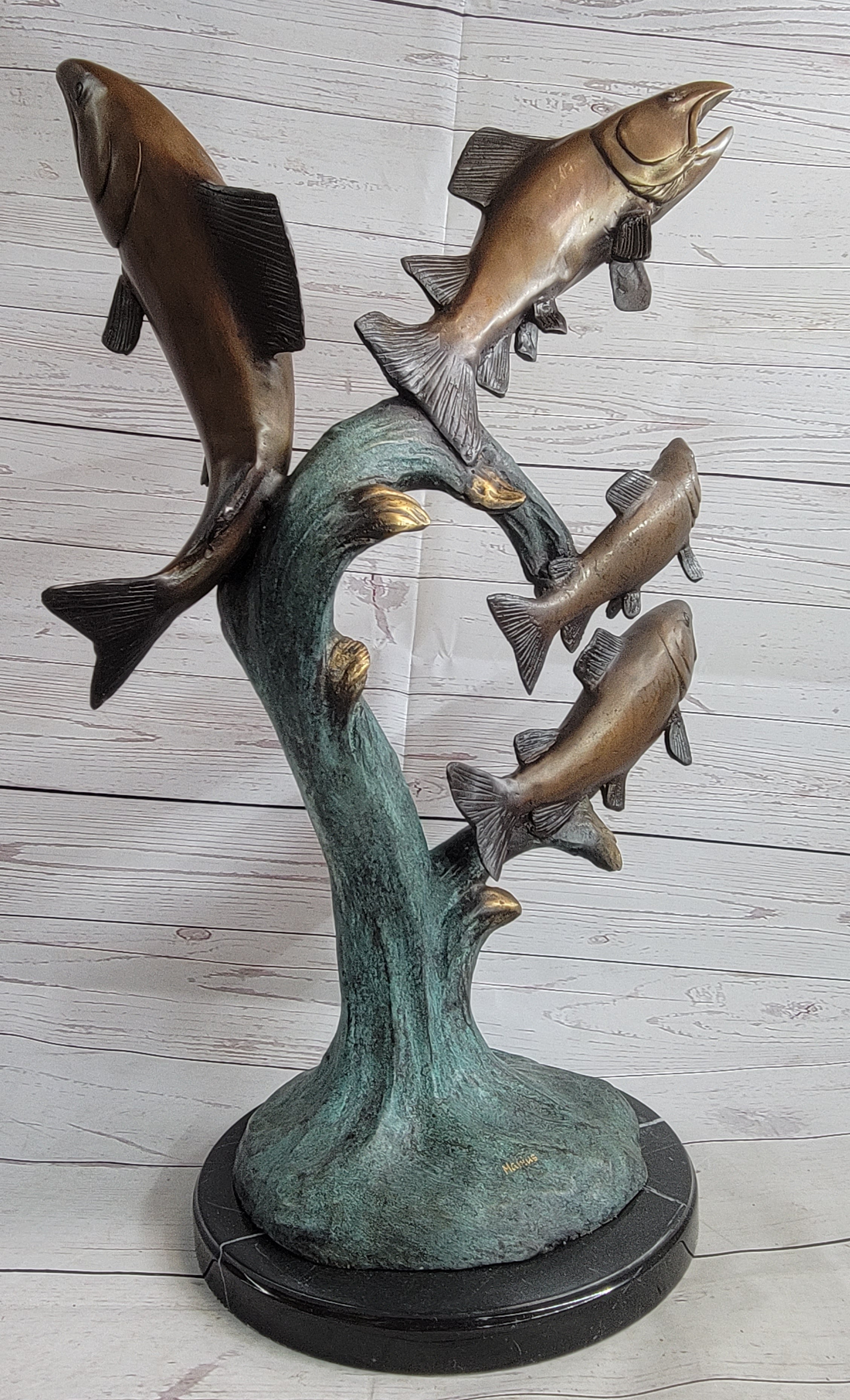 4 Fish Jumping Out of Water Bronze Metal Sculpture 25" x 18"