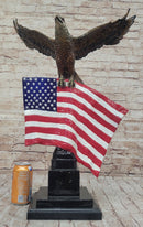 Bald Eagle w/ American Flag - Bronze Metal Sculpture on Marble Base