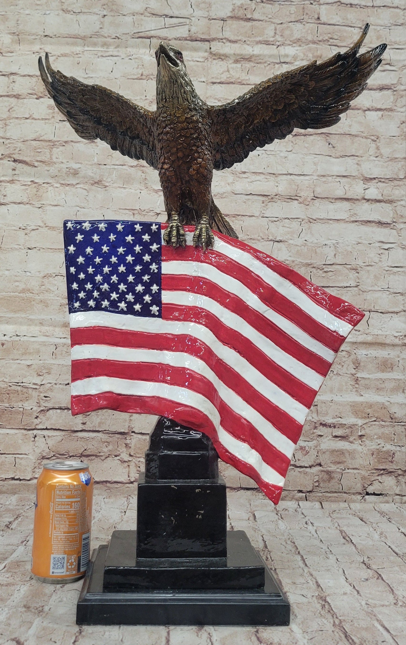 Bald Eagle w/ American Flag - Bronze Metal Sculpture on Marble Base