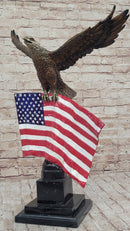 Bald Eagle w/ American Flag - Bronze Metal Sculpture on Marble Base