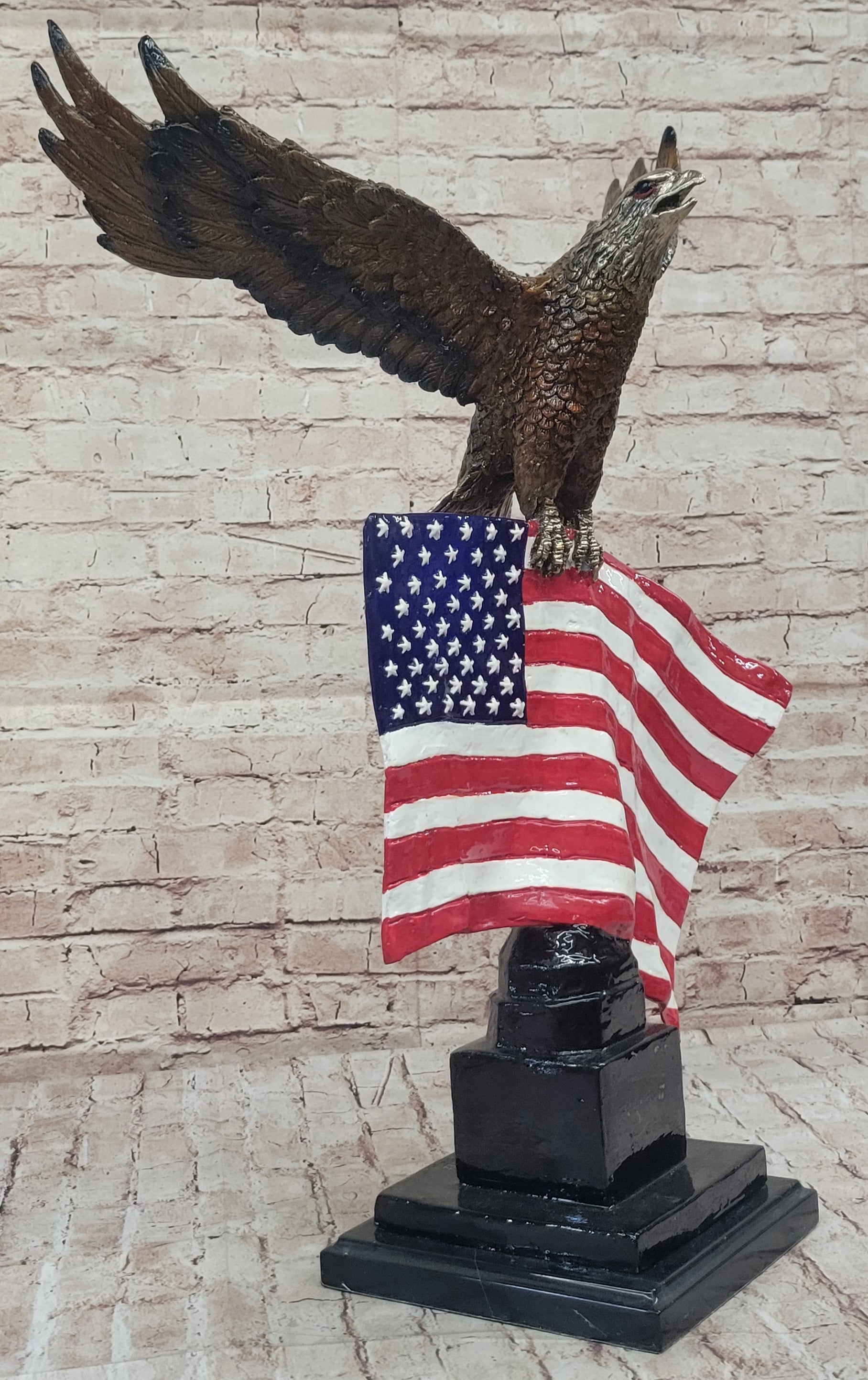 Bald Eagle w/ American Flag - Bronze Metal Sculpture on Marble Base
