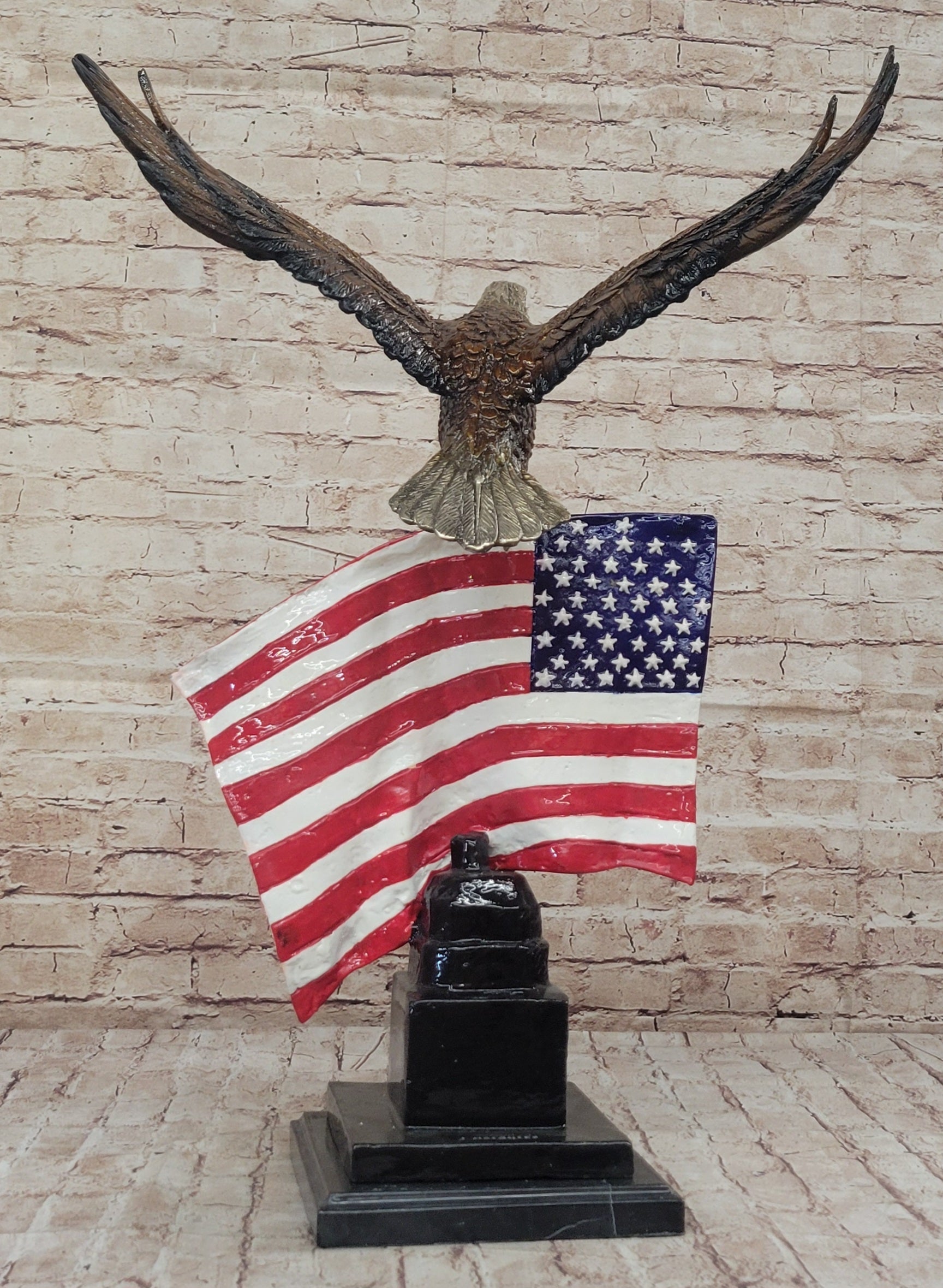 Bald Eagle w/ American Flag - Bronze Metal Sculpture on Marble Base