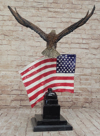 Bald Eagle w/ American Flag - Bronze Metal Sculpture on Marble Base