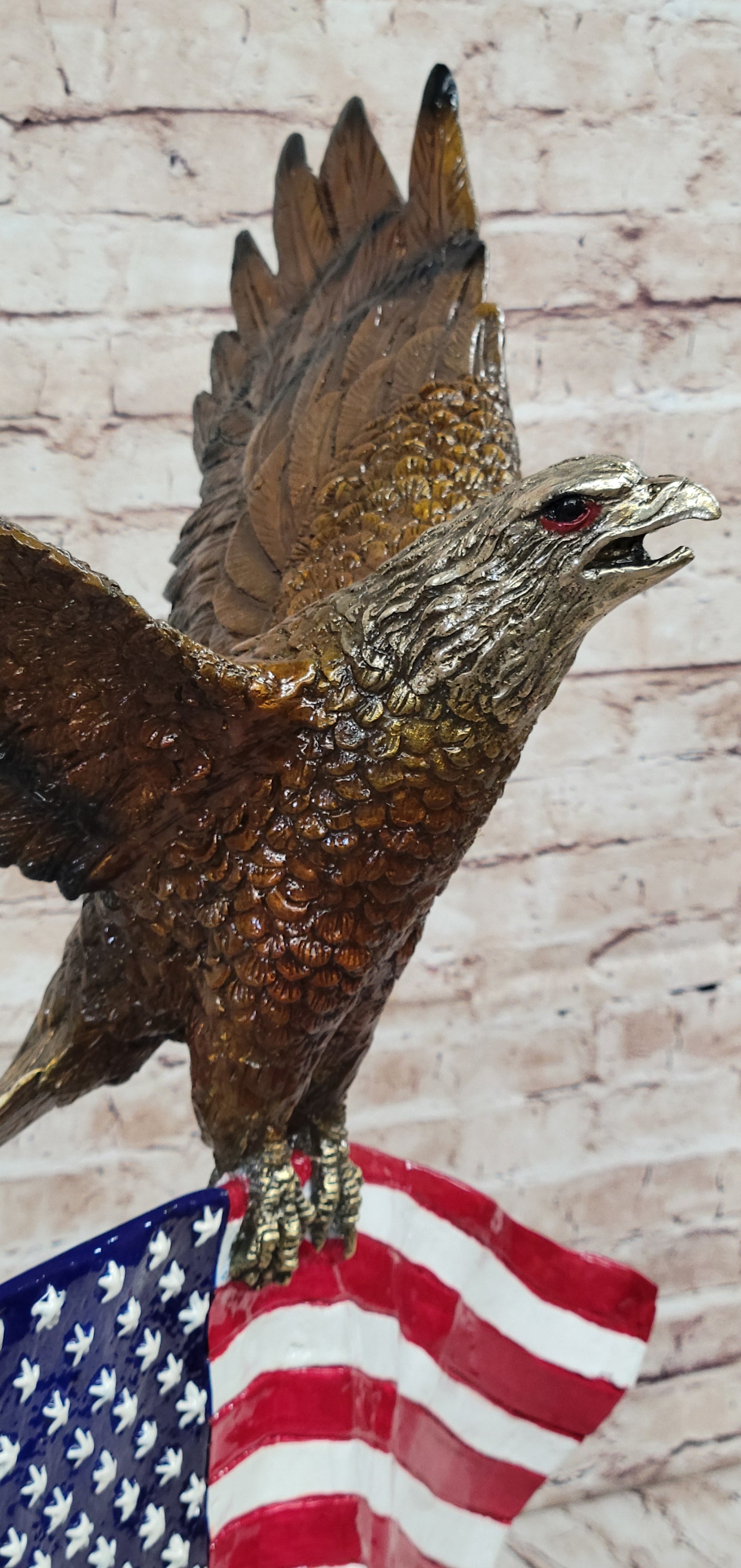 Bald Eagle w/ American Flag - Bronze Metal Sculpture on Marble Base