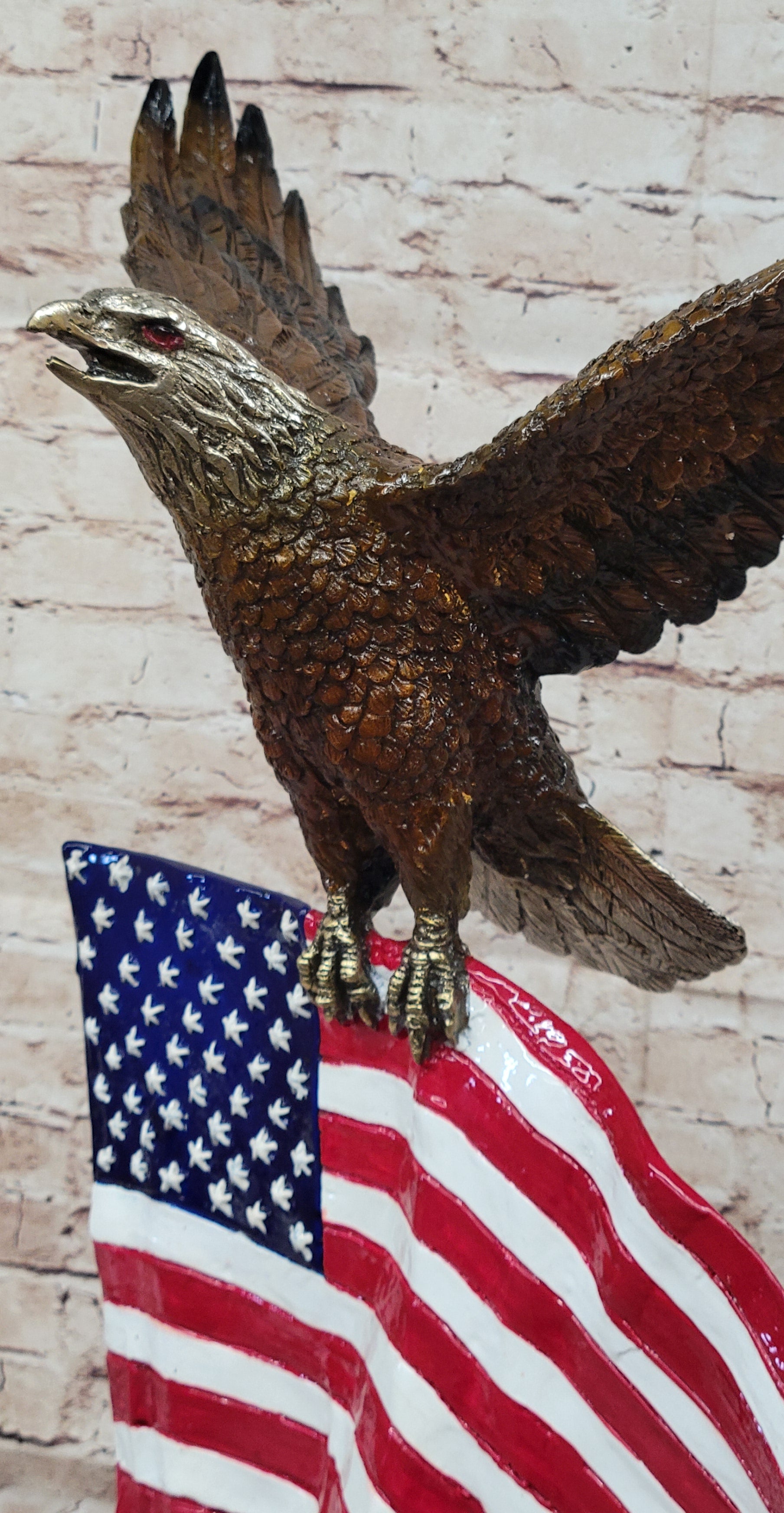Bald Eagle w/ American Flag - Bronze Metal Sculpture on Marble Base